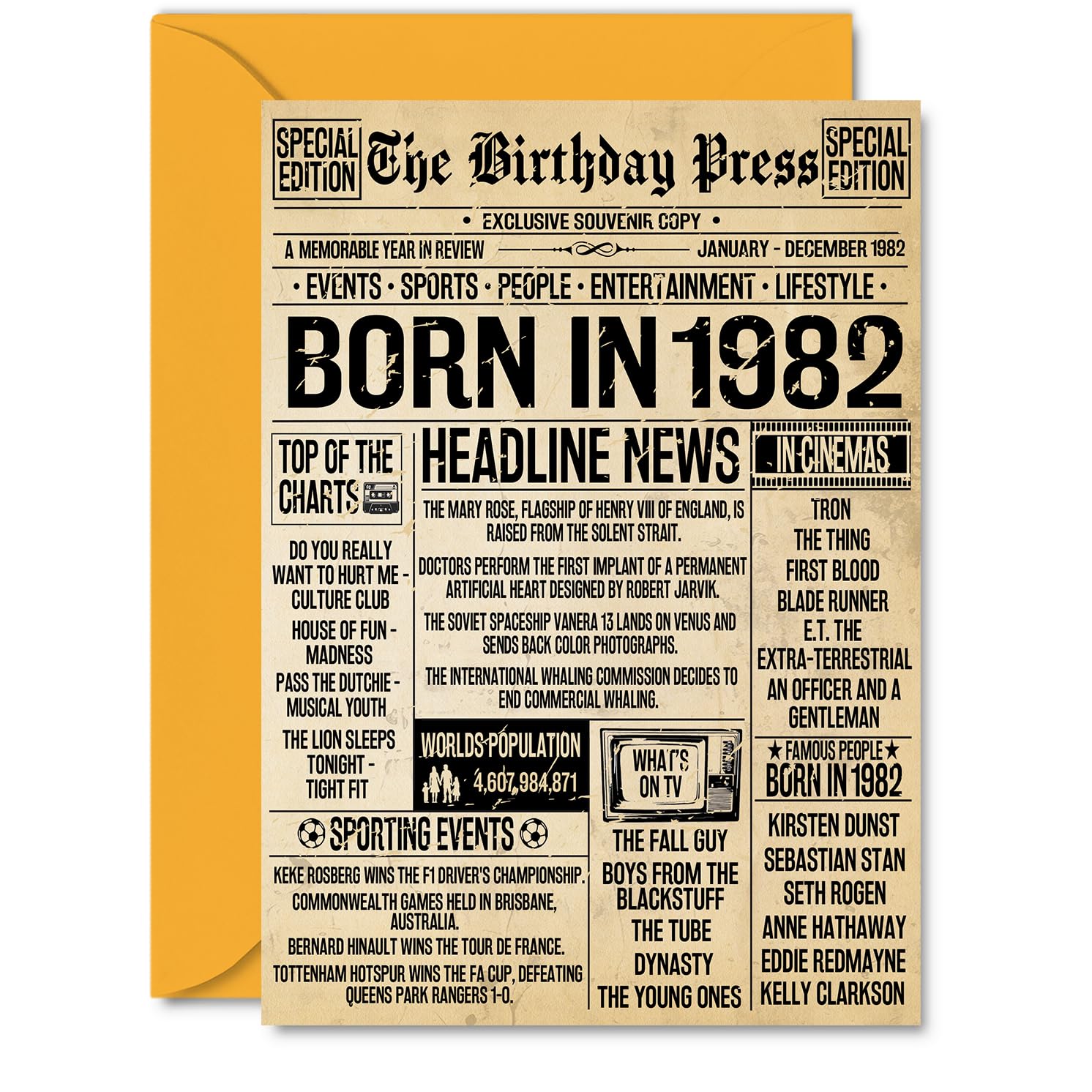 44th Birthday Card for Men Women - Bday Press Newspaper 1982 - Happy 44 Birthday Cards for Daughter Husband Auntie Brother Uncle Colleague, A5 Bday Greeting Cards