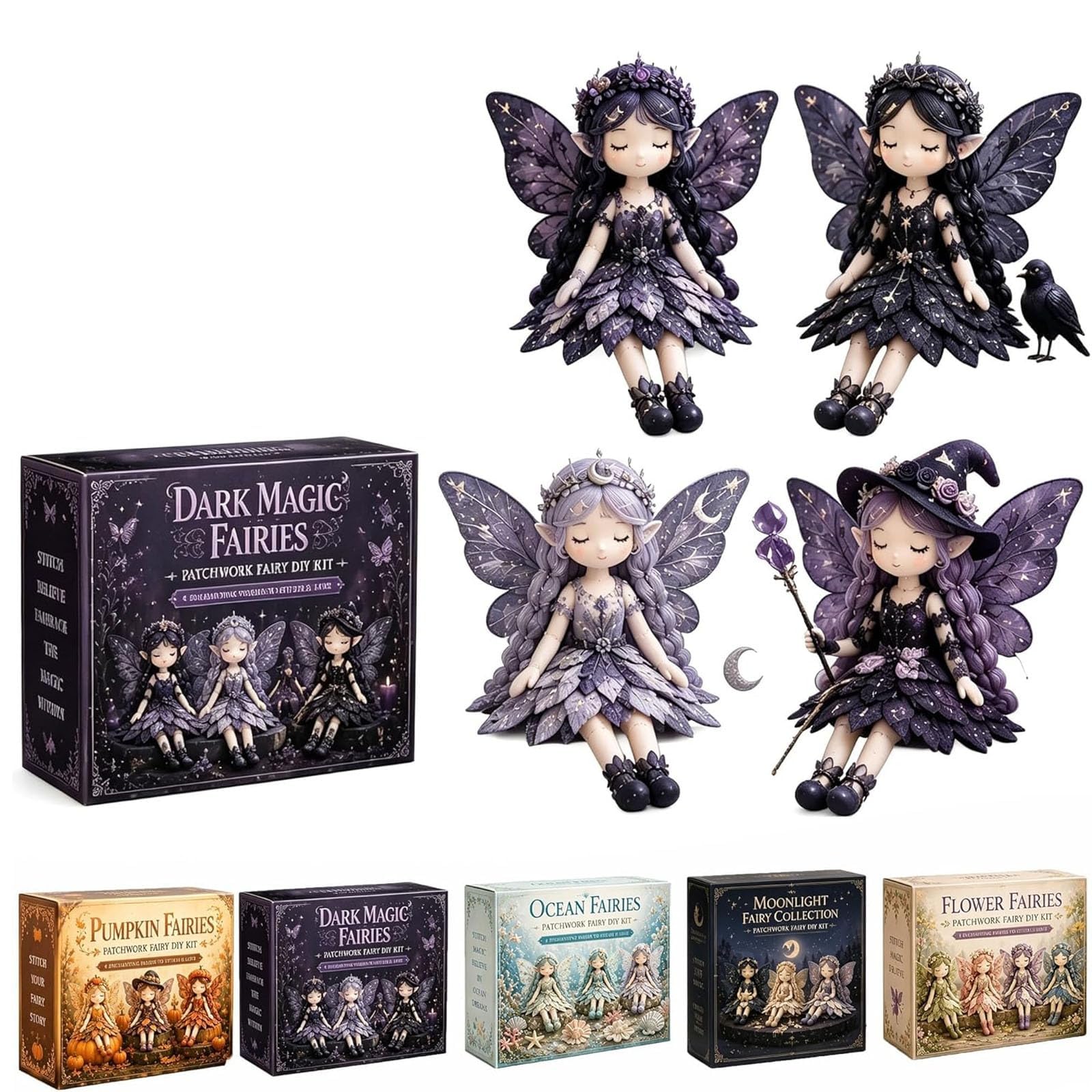 Fairy Patchwork DIY Collection, Fairy Handmade Sewing Kit, Fun Flower Fairies Patchwork Sewing Kit, 4 Handcrafted Winged Flower Fairies, Complete Sewing Materials
