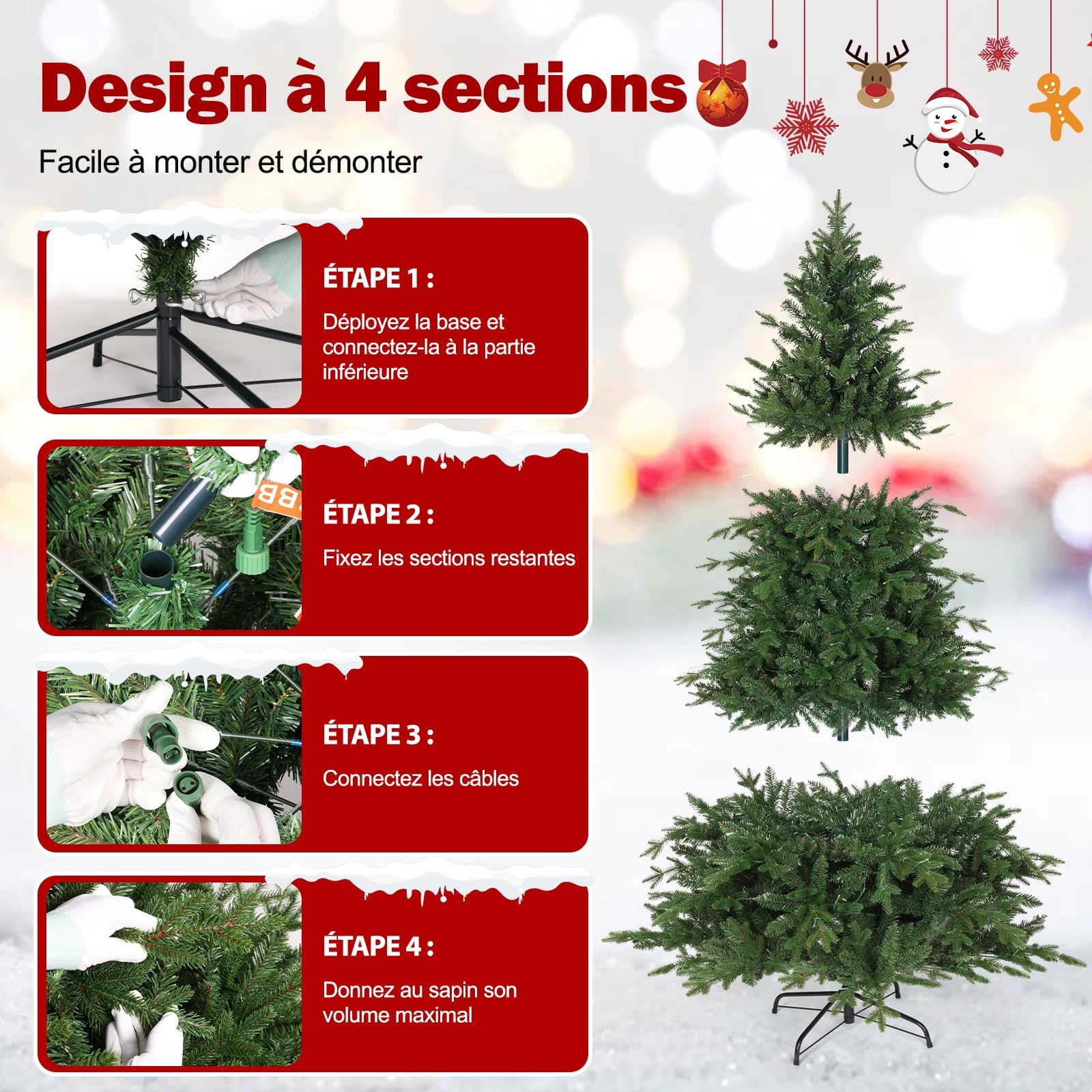 Sapin de Noël Artificiel de 180CM en PE & PVC avec 250 LED (Ø env. 124 cm) avec Neige, 1000 Pointes de Branches, Charnières en Métal & Support Pliable, Xmas Sapin pour Maison, Fête, Décoration de Noël