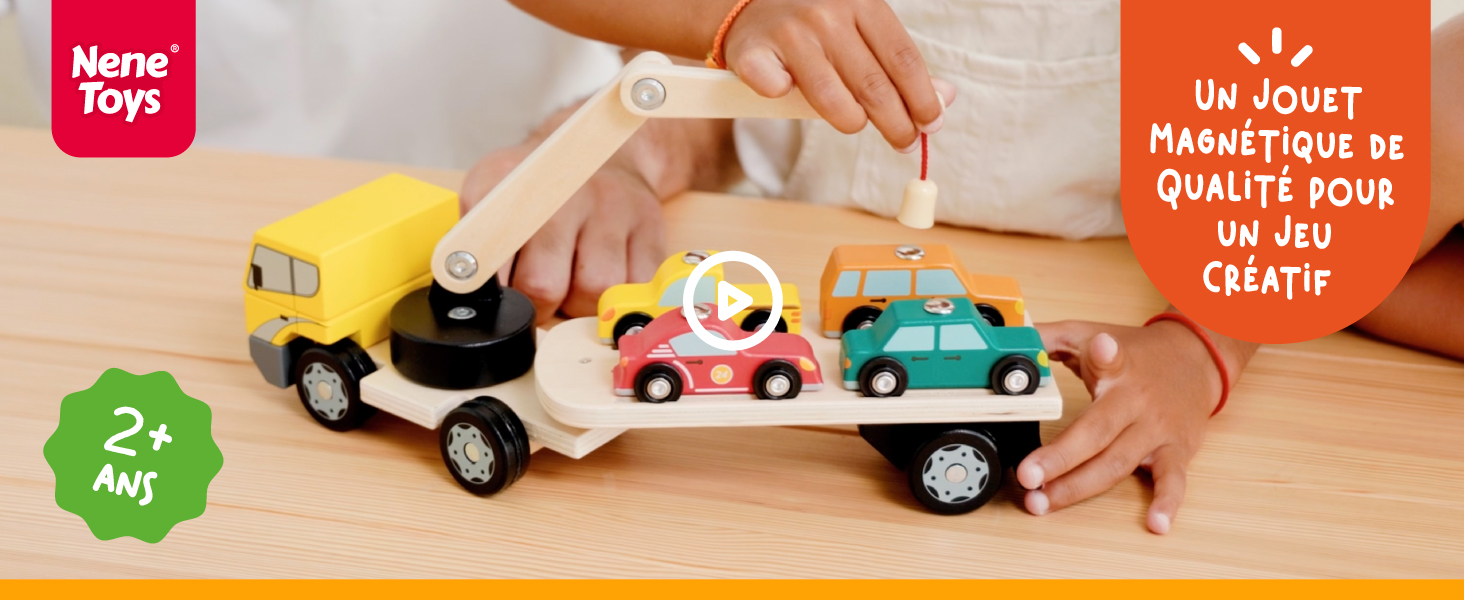 Nene Toys Chargeur de voiture magnétique avec 4 voitures et 1 camion semi-remorque en bois pour enfants de 2 ans et plus - Jouet interactif en bois - Jouets de véhicule pour