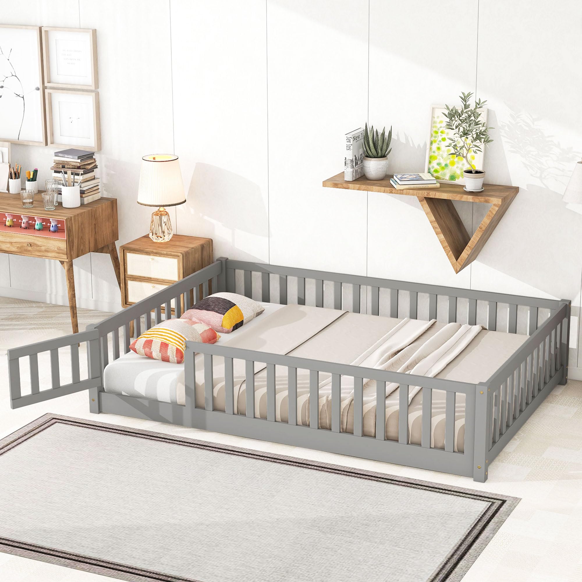 LostCat Full Size Floor Bed Frame with Safety Fence and Door, Wood Montessori Floor Bed with Slat Support,Toddler Floor Bed Frame for Kids Girls Boys,No Box Spring Needed, Grey