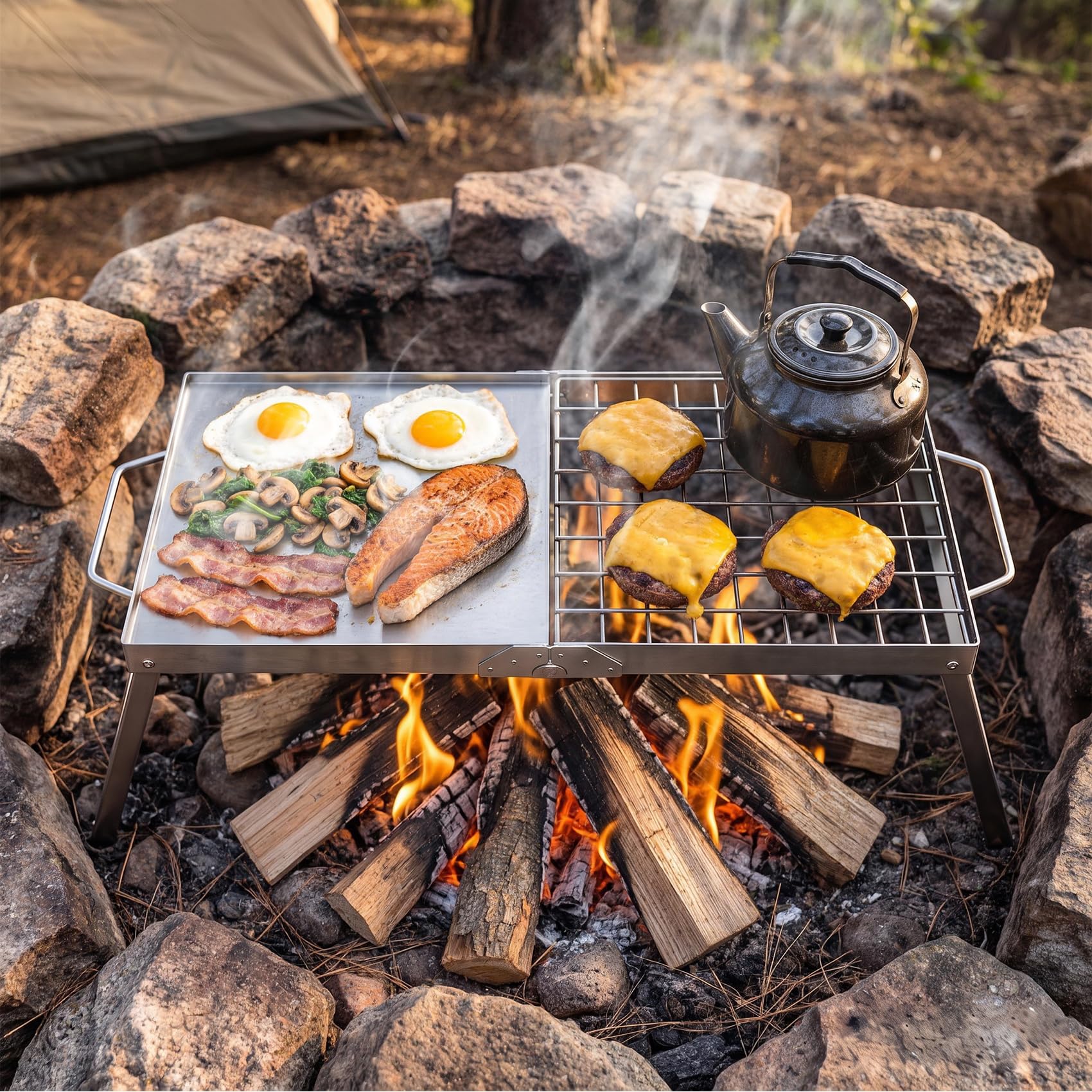 onlyfire Barbecue de Camping Pliable 2-en-1 en Acier Inoxydable | Plancha et Grille pour Feu de Camp, Format Valise, Charge 20 kg, Sans Montage, 60 × 28 × 24 cm