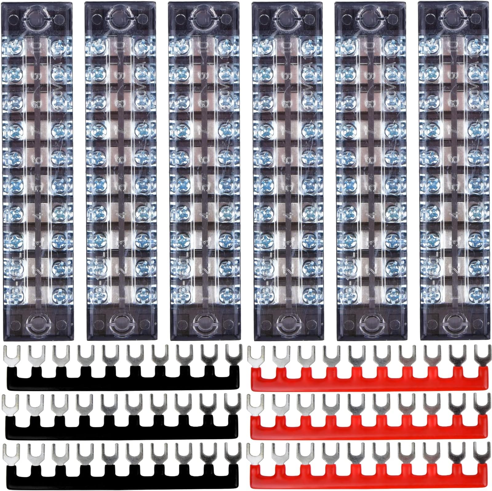12PCS 10-Position Screw Terminal Blocks with Covers & Ground, Pluggable PCB & Busbar 600V 15A Dual Row Insulated