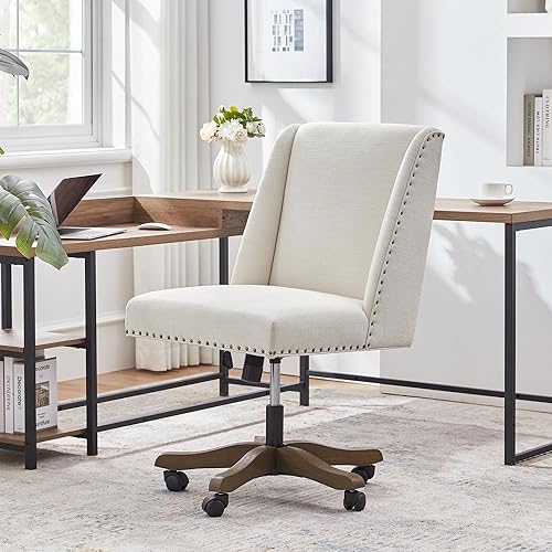 Miniatura 3 de Silla de oficina tapizada sin brazos con patas de madera, moderna y ajustable con tiras cruzadas, silla de escritorio para oficina en casa, sin