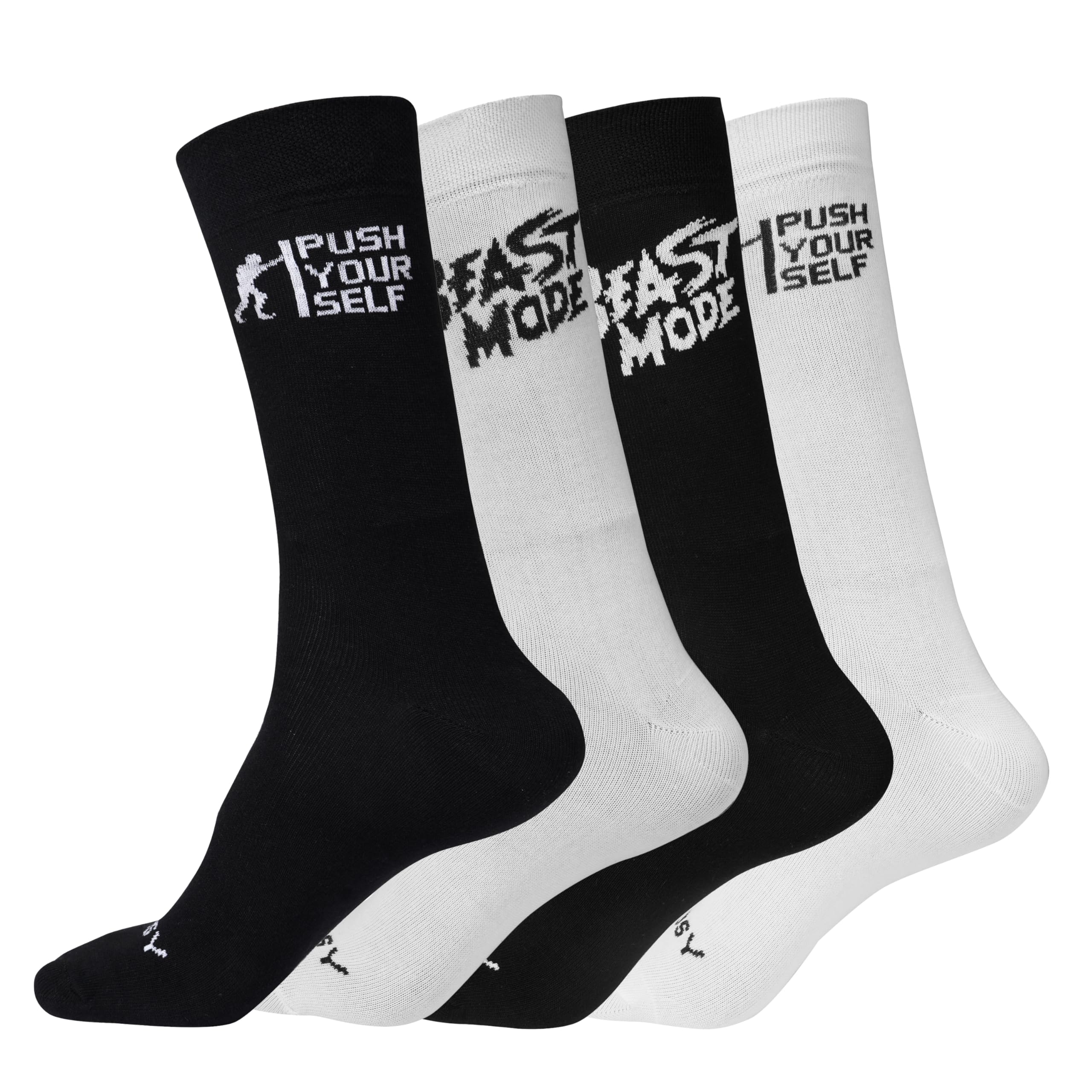 Pure Cotton Motivational Athletic MId Calf/Crew Socks, Set of 4 Pairs, Black and White