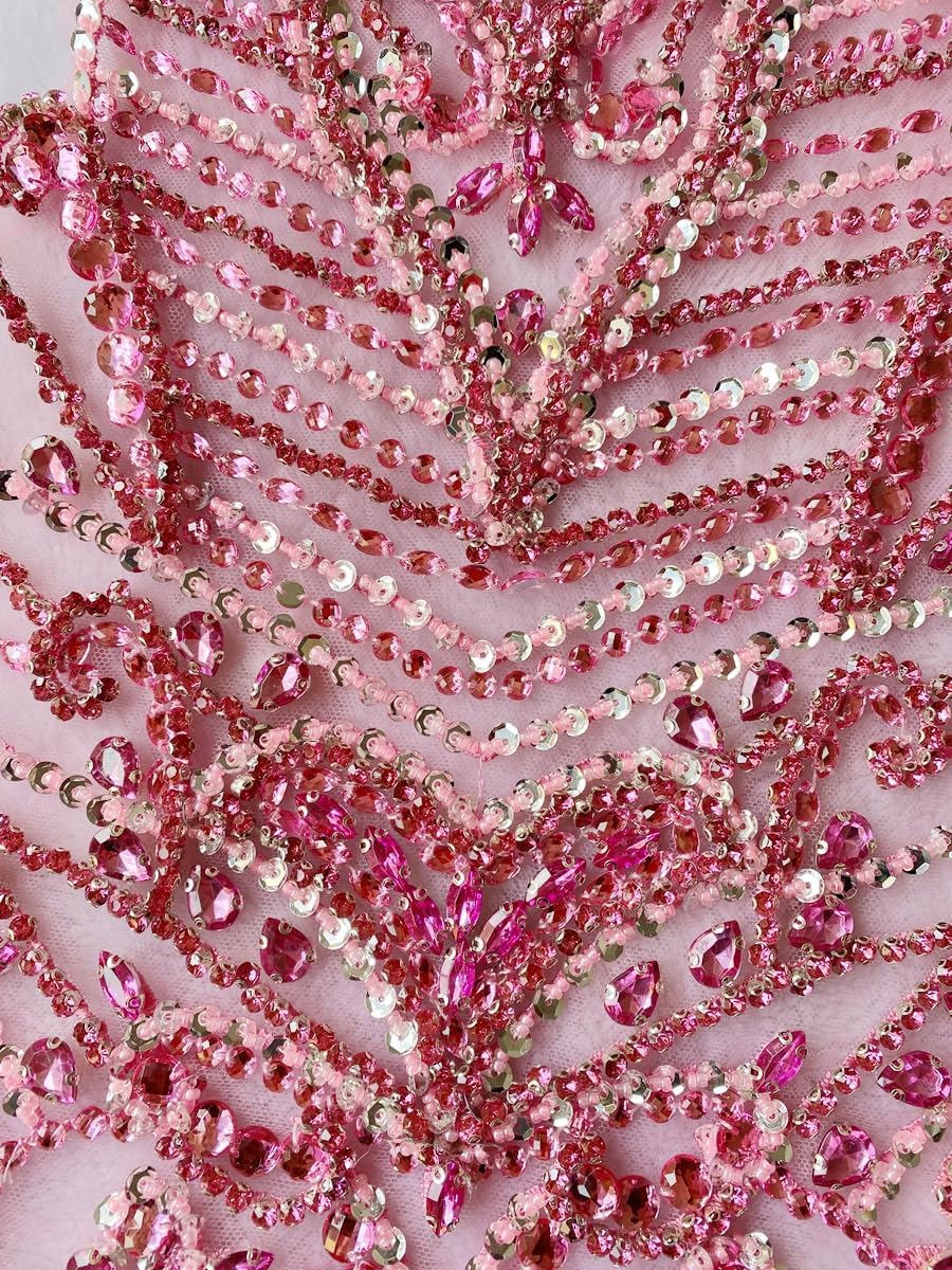 Handmade Rhinestones Large Bodice Applique Glass Stones Beads Bright Crystal Lace Patches Accessories for Weding Dress Decorations (Pink)