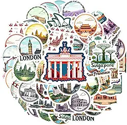 Pacote de adesivos de 50 peças de marcos de viagem, turismo, arquitetura, arquitetura, cultural, adesivos, marcos de viagem, para laptop, motocicleta, bagagem, telefone, notebook, bagagem, copo de