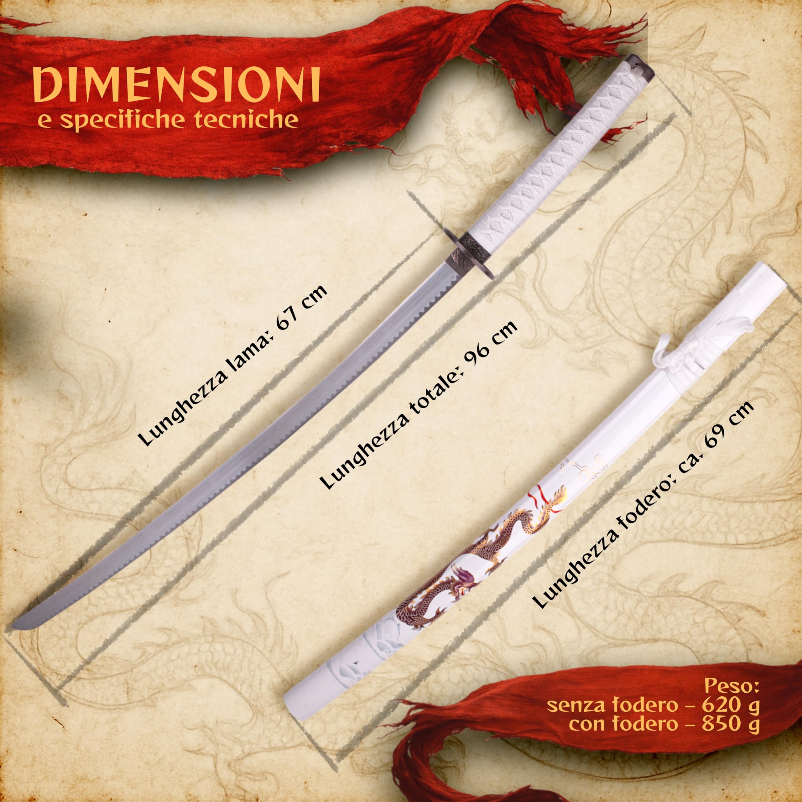57 SPECIAL REPLICAS Oggetto di scena - Bianco con drago giapponese con fodero e supporto 103 cm 4KM100-405WH