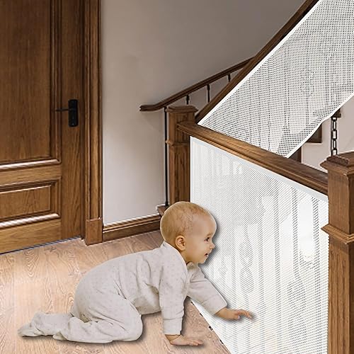 JIFTOK Puerta de bebé para escaleras, protector de barandilla para niños, mascotas, juguetes, 26.2 pies de largo x 2.66 pies de alto, red de