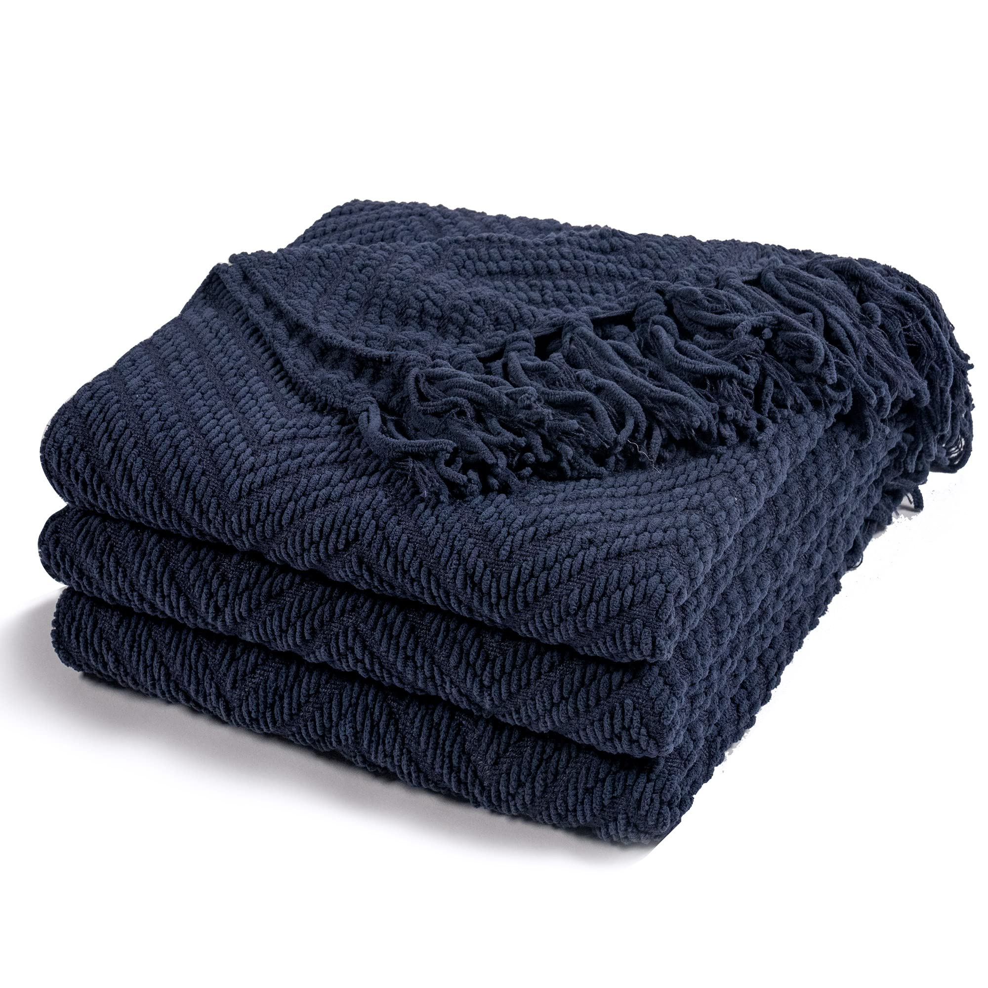 RECYCO Chenille Knit Throw Blanket for Couch, Versatile Decorative Woven Knit Chenille Blanket for Bed, Super Soft Warm & Cozy Knitted Throw Blanket with Tassels for Sofa, Chair. Navy Blue, 50"x60"