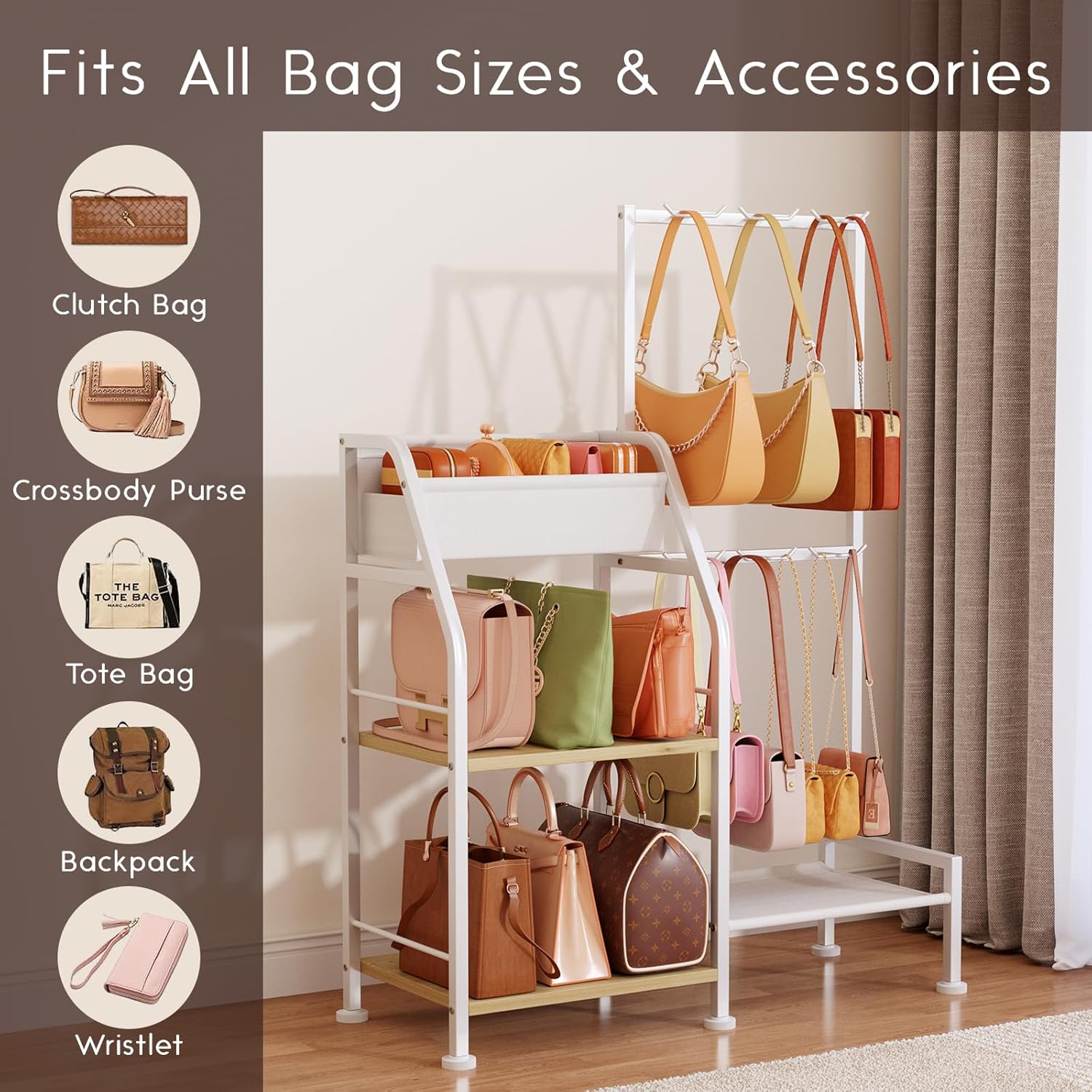 Homsorout Purse Organizer for Women - 3-Tier Storage Stand & 12 Fixed Hooks, Visible Backpack Storage, Space-Saving Bag Organizer Rack for Home, Closet, White