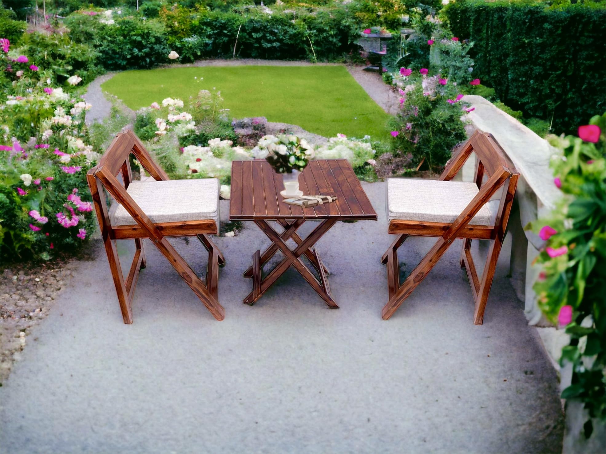 Home furniture Sheesham Wooden Patio Dining Set Foldable Chairs and Table for Balcony Garden and Outdoor (2 Seater, with Square Table & Cushion)-image-19
