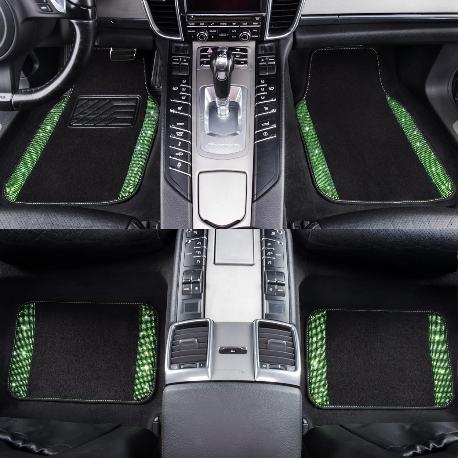 CAR PASS Shining Rhinestones Carpet, Bling Crystal Diamond Sparkly Glitter Car Floor Mats with Anti-Slip PVC Heel Pad Automotive Universal for SUV,Sedan,Car,Van,4pcs for Girl Women Green Diamond - Image 5