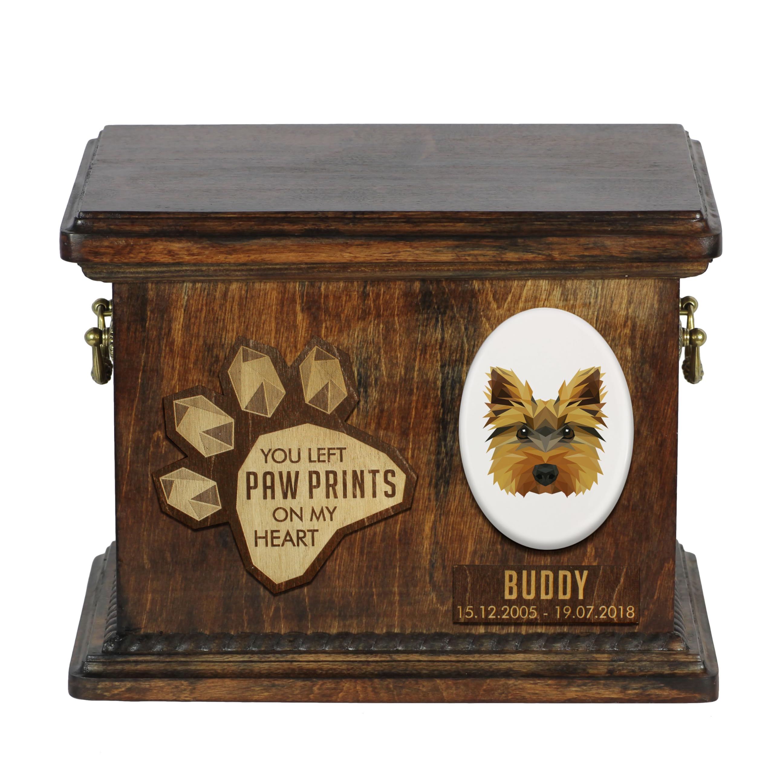 Art-Dog Custom Geometric Dog Memorial Urn - Handmade Wooden Urn – Decorative Ceramic Plate - Custom-made Dog Cremation Box for Ashes - 8,3x11,4x8,7” – Yorkshire Terrier — image 1