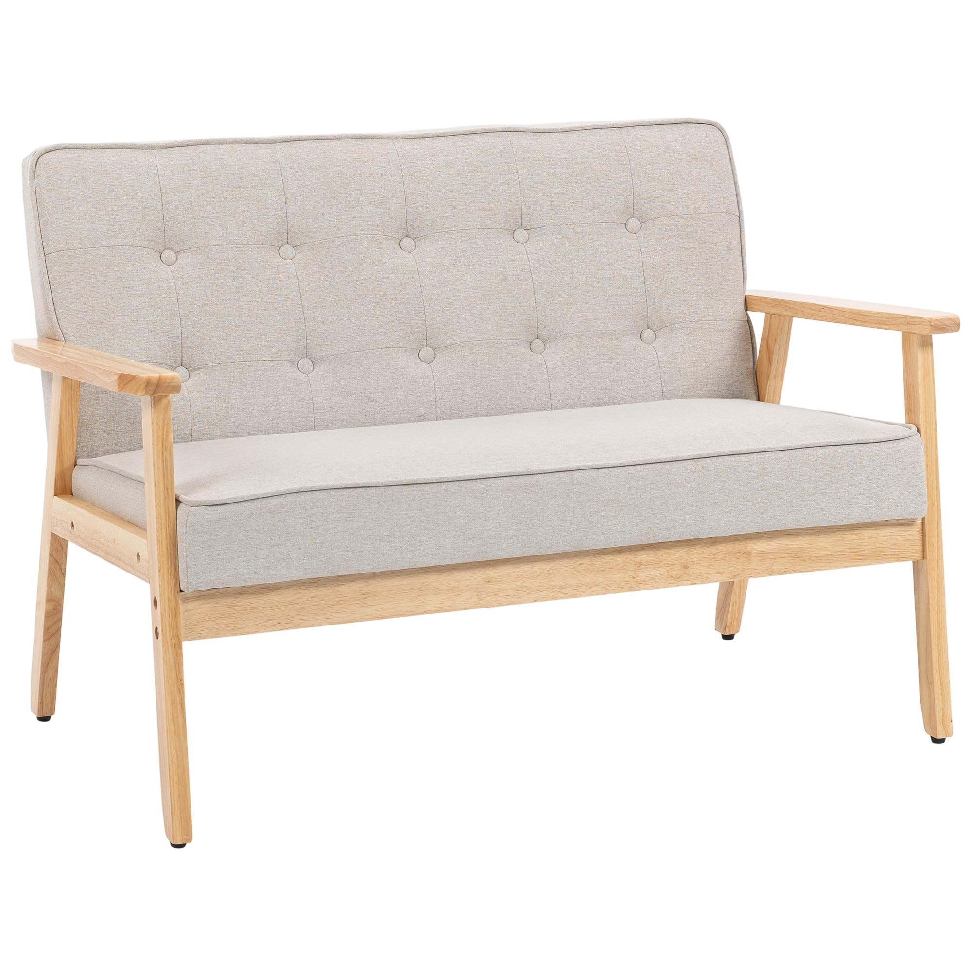 HOMCOM Sofá de 2 Plazas, Tapizado en Lino Sintético, Sofá Nórdico con Patas y Reposabrazos de Madera de Caucho, Respaldo Acolchado, para Salón, Dormitorio, Oficina, Sala de Estar, 113x67x78 cm, Beige