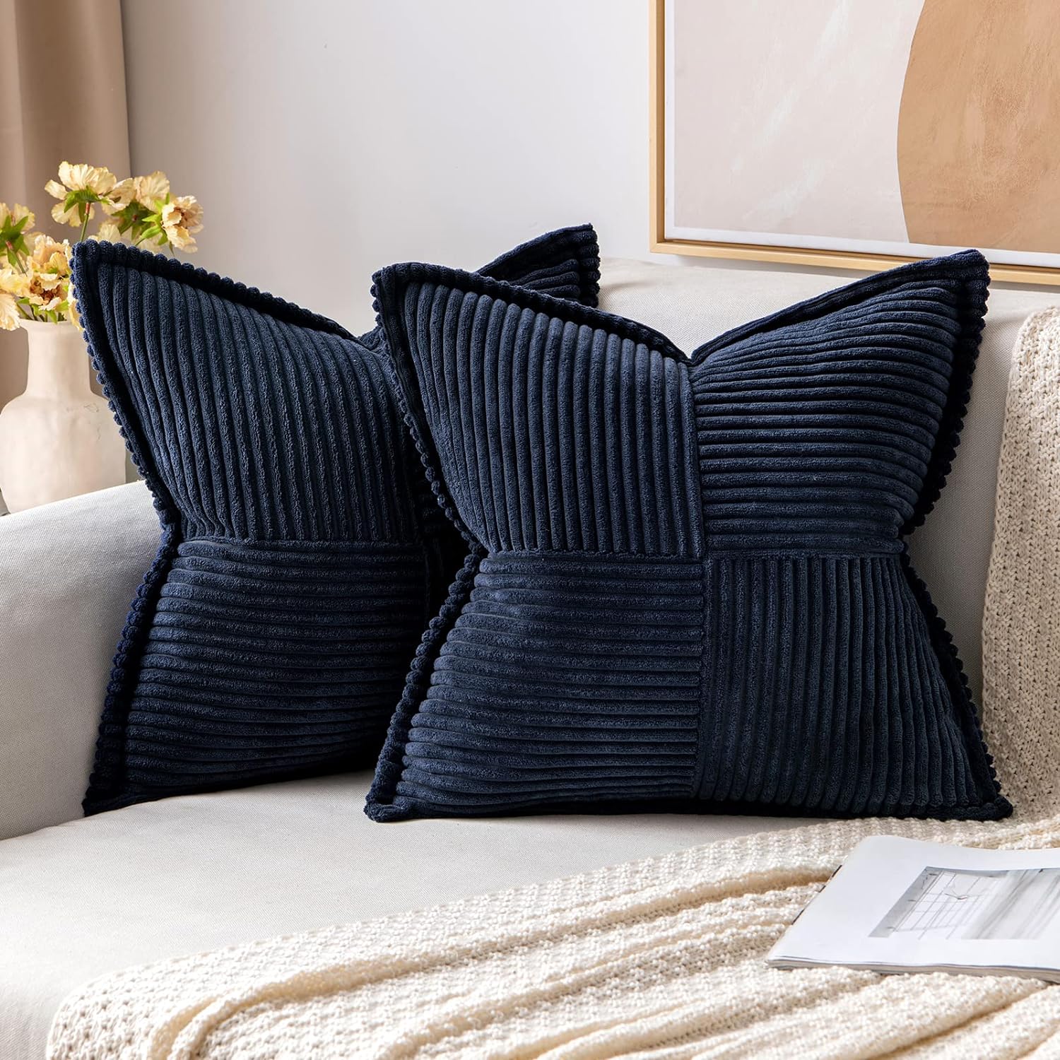 MIULEE Navy Blue Corduroy Pillow Covers 24 x 24 inch with