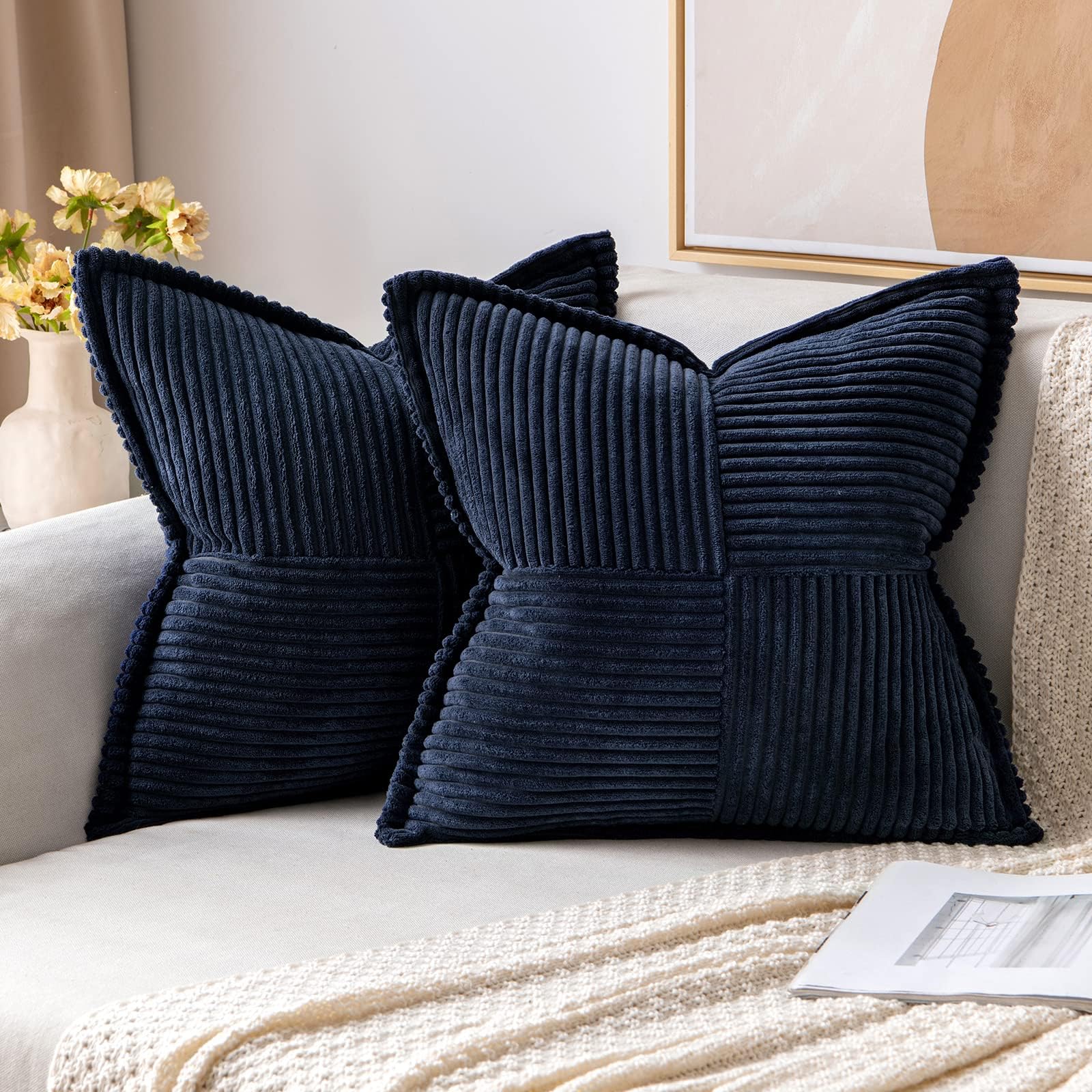 MIULEE Navy Blue Corduroy Pillow Covers with Splicing Set of 2 Super Soft Boho Striped Pillow Covers Broadside Decorative Textured Throw Pillows for Couch Cushion Bed Livingroom 16 x 16 inch