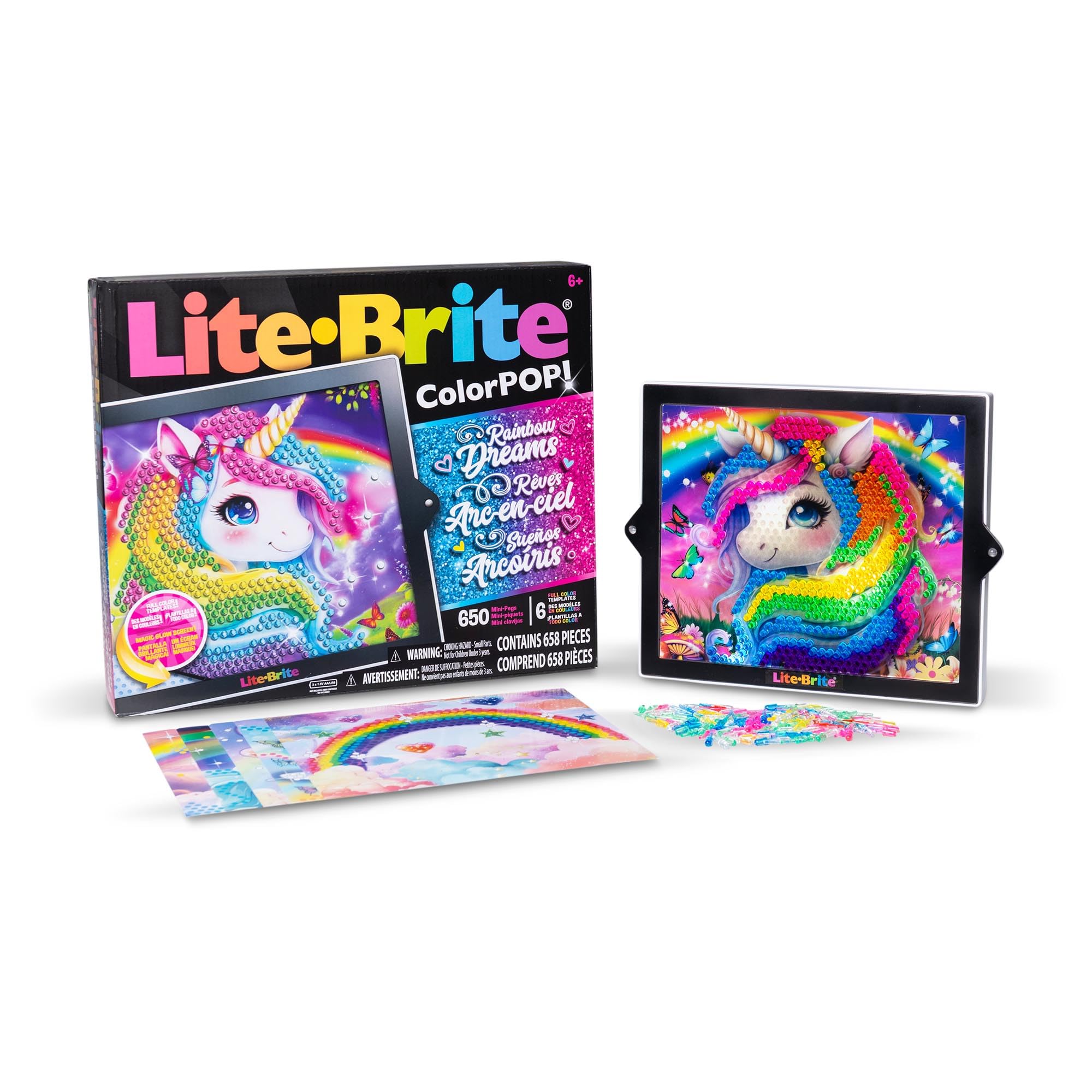 Basic Fun Lite-Brite Colour Pop Rainbow Dreams  Light-Up Creative Toy with 6 Templates, 650 Colourful Pegs & 4 Light Modes  Unicorn & Fairy-Themed HD Grid Art Set