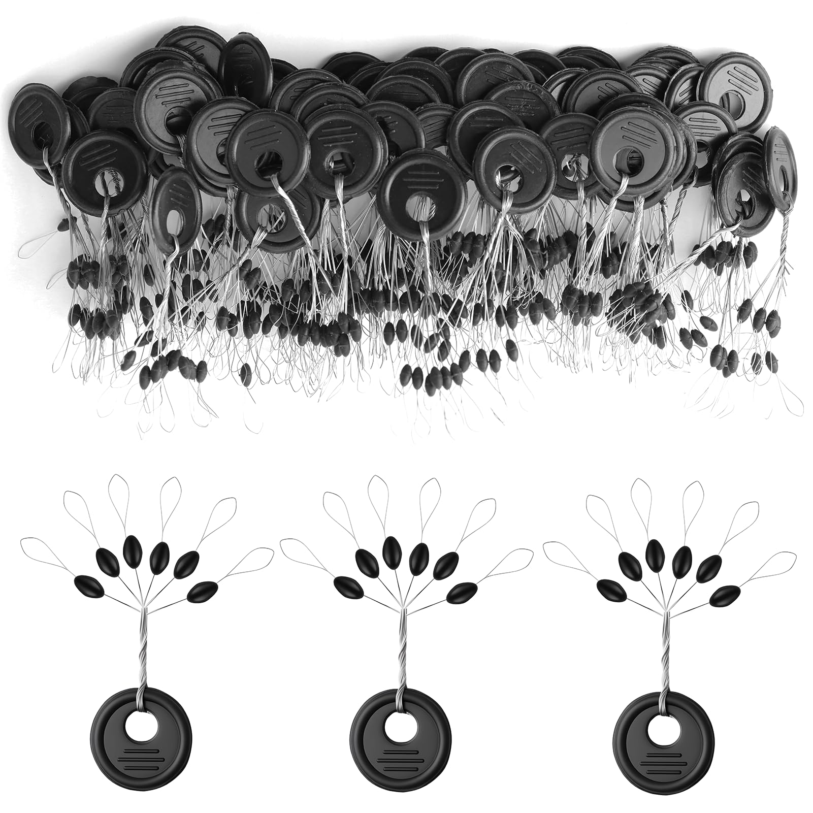Jesiah 600 Pcs Fishing Bobber Stopper, 6 in 1 Rubber Fishing Floats Stop Oval Float Sinker Line Stops Black Terminal Tackle Ledgers Accessories Fishing Beads 0.26 to 0.37mm Line Stops (Size L)