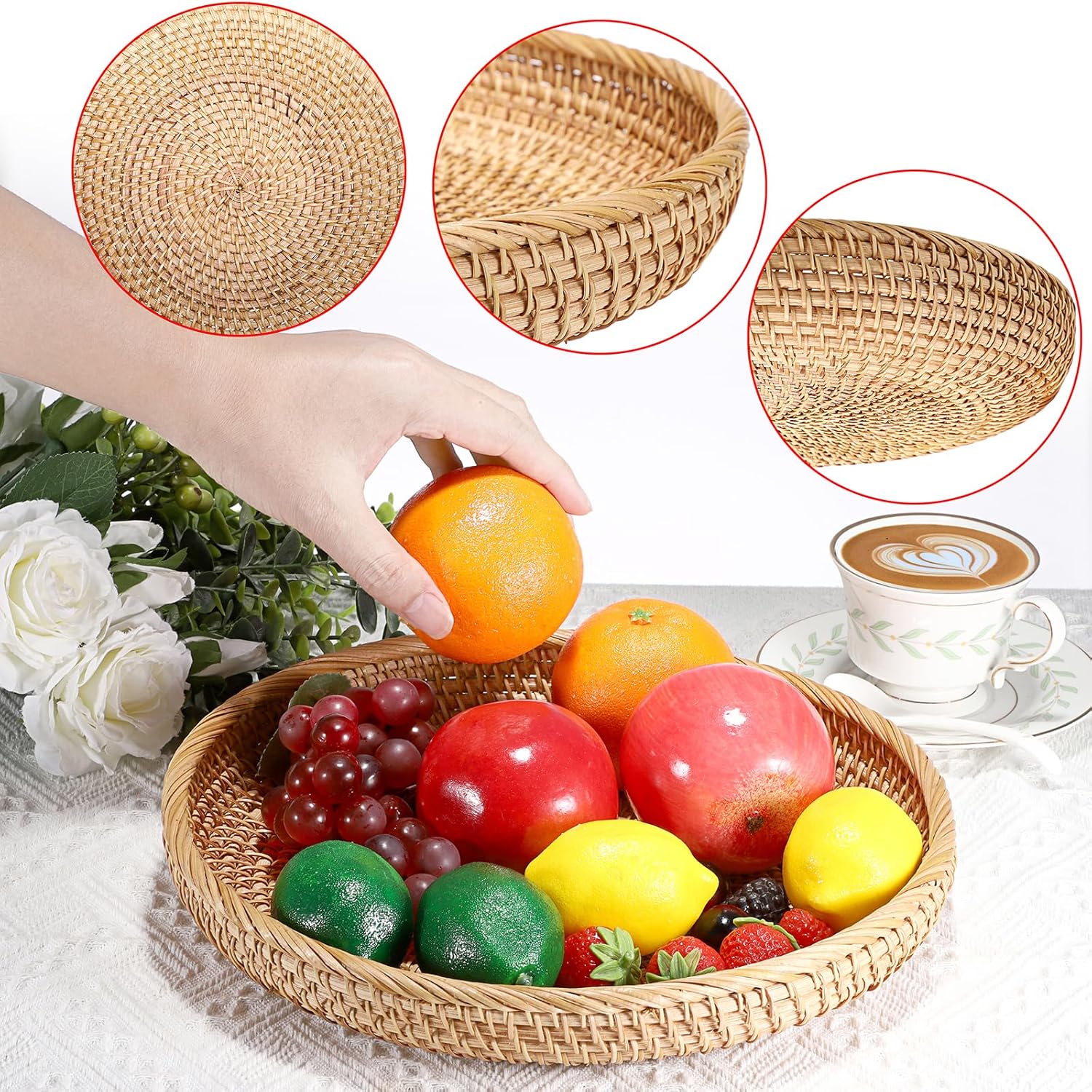 Hipiwe Round Key Basket Bowl for Entryway Table, 11.8" Large Rattan Tray Decorative Ottoman Trays Centerpiece for Coffee Table, Hand-Woven Fruit Basket Wicker Serving Trays