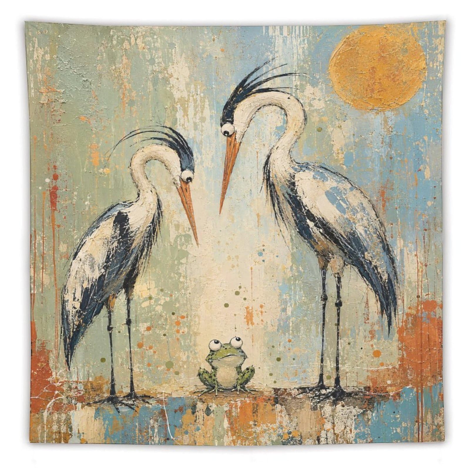 H3B8U2Y5 Cranes with Frog Wall Tapestry, Asian Ink Style, Lotus Pond