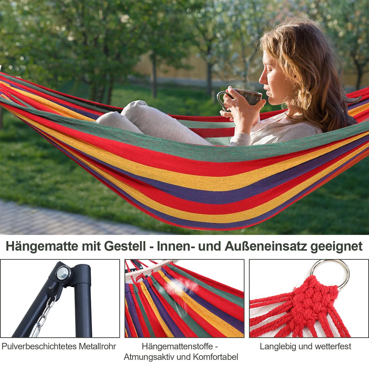 Yakimz Hängematte mit Gestell Faltbar Doppelhängematte 150kg Belastbarkeit für Indoor Outdoor Garten Camping Terrasse, Einstellbare Größe mit Tragetasche Garten