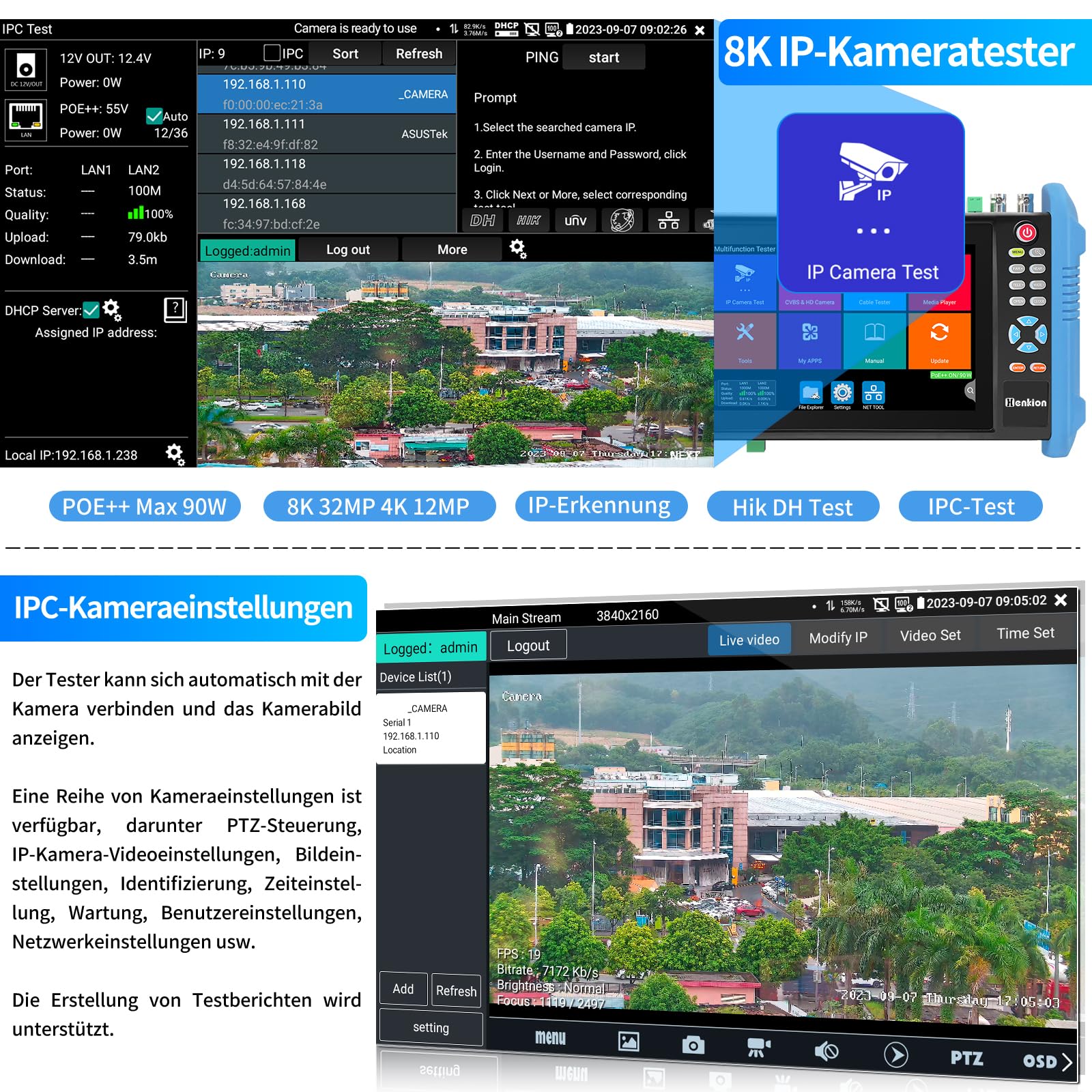 Henkion IPC-9800ADHS Pro CCTV-Kameratester 7-Zoll-IPS-Touchscreen-Monitor CCTV-Tester 8K IPC-Test und 4K 8MP HD-TVI CVI AHD SDI Kameratest IPC-Tester Netzwerk und Kabeltester POE SFP VGA WiFi RS485