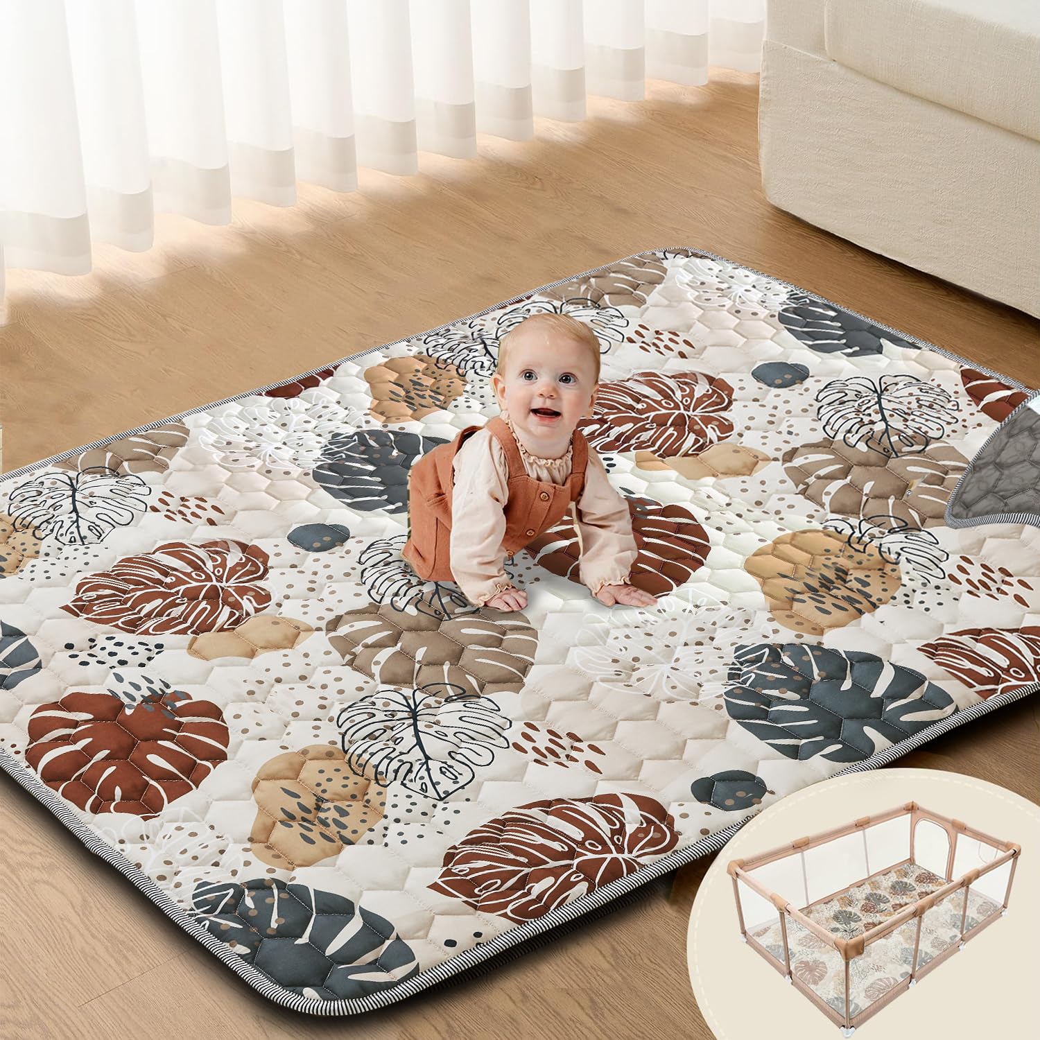 Vahlbeste Krabbelmatte Baby Faltbar, Verdickte Krabbeldecke für Baby 200x180cm, Anti Rutsch Matte, Maschinenwaschbare, Baby Play Mat für Laufgitter, Spielmatte Baby Faltbar, Design im Bohème-Stil