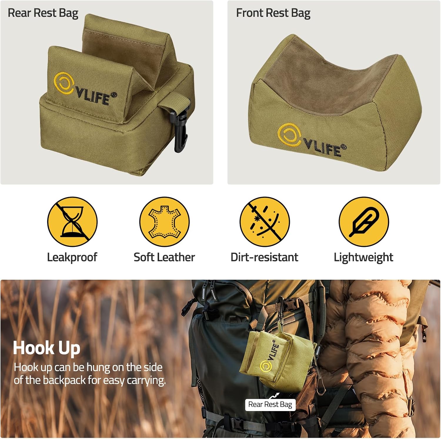 CVLIFE Shooting Rest Tripod Gun Rifle Rest with Front and Rear Bench Rest Bags Height Adjustment for Range Shooting Hunting and Outdoor - Image 3