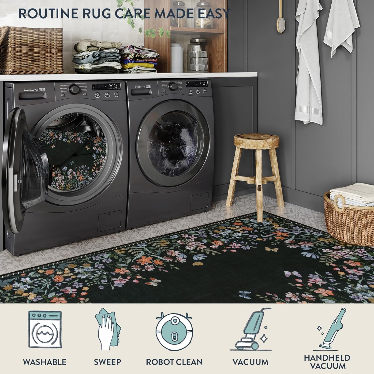 Lahome Boho Floral Black Washable 8x10 Area Rugs for Living Room, Non Slip Rugs for Bedroom, Indoor Throw Dining Room Carpet for Under Table Home Office Playroom(Black,8x10)