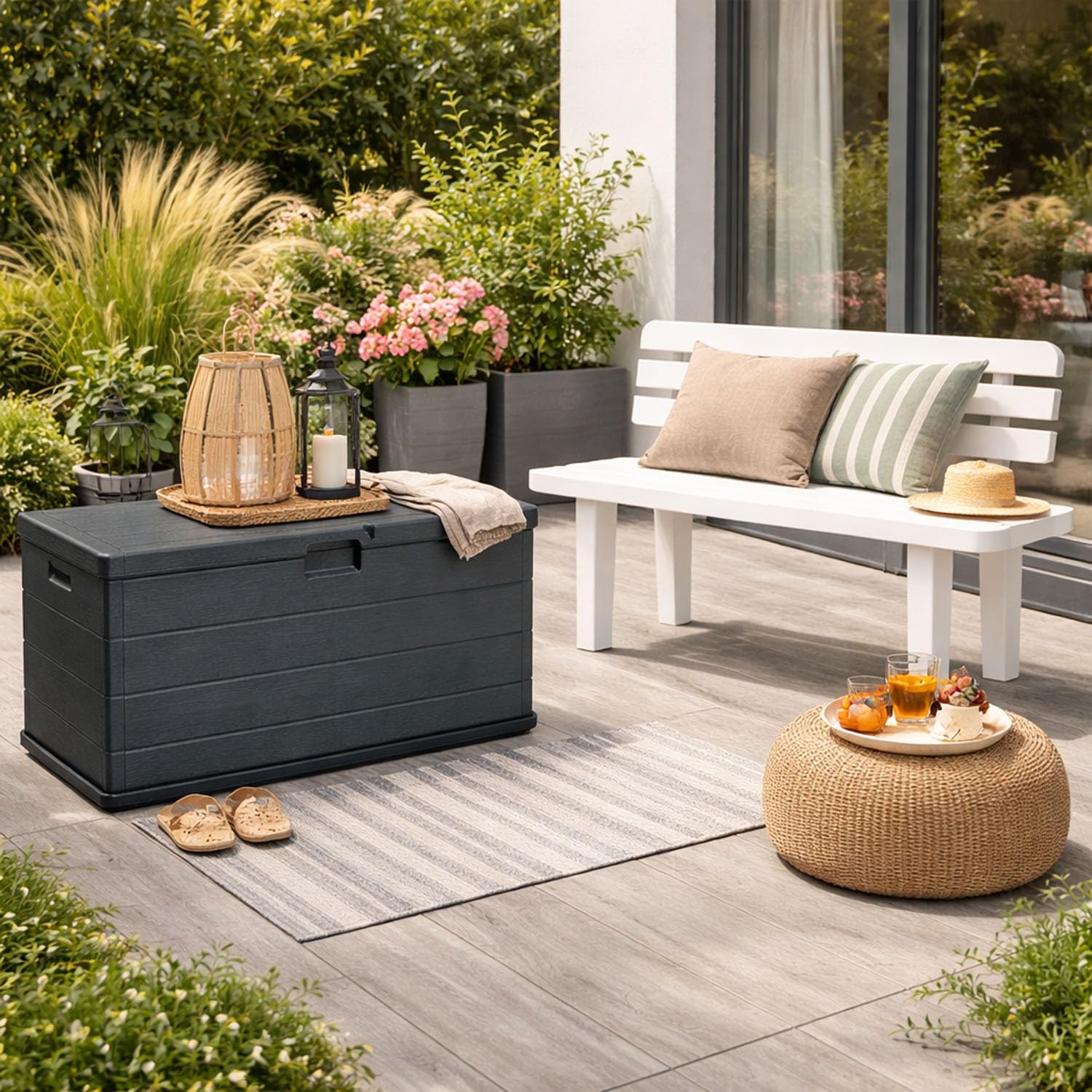 Mojawo XL Kunststoff Auflagenbox Kissenbox Gartenbox Sitzbank 2 Personen für Polsterauflagen Kunststoff wasserdicht Anthrazit 340Liter
