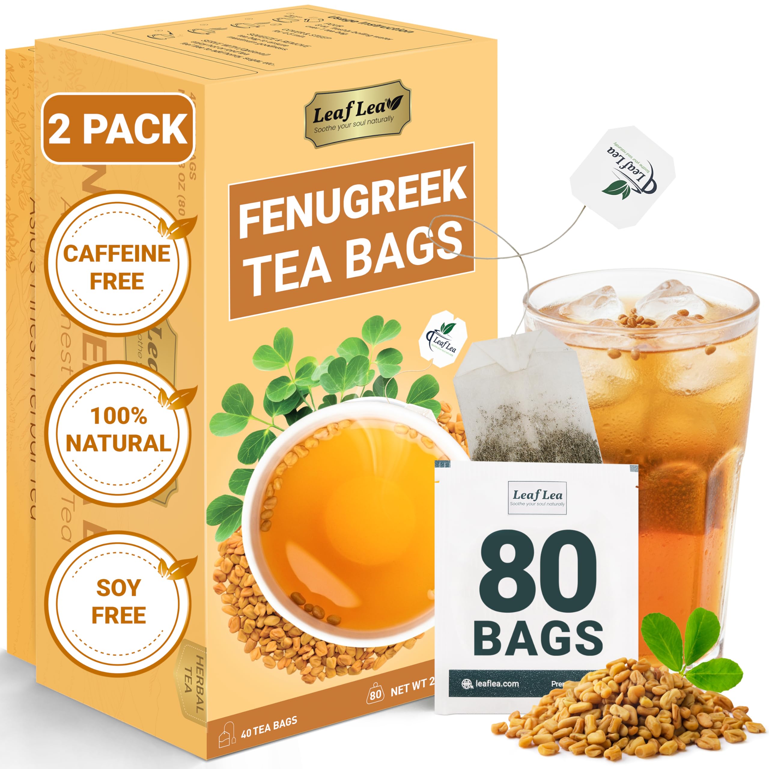LeafLea Fenugreek Tea Bags, Whole Methi Seed Tea, 80 Count Value Pack Fenugreek Seed Tea 80 Tea Bags (Pack of 2)