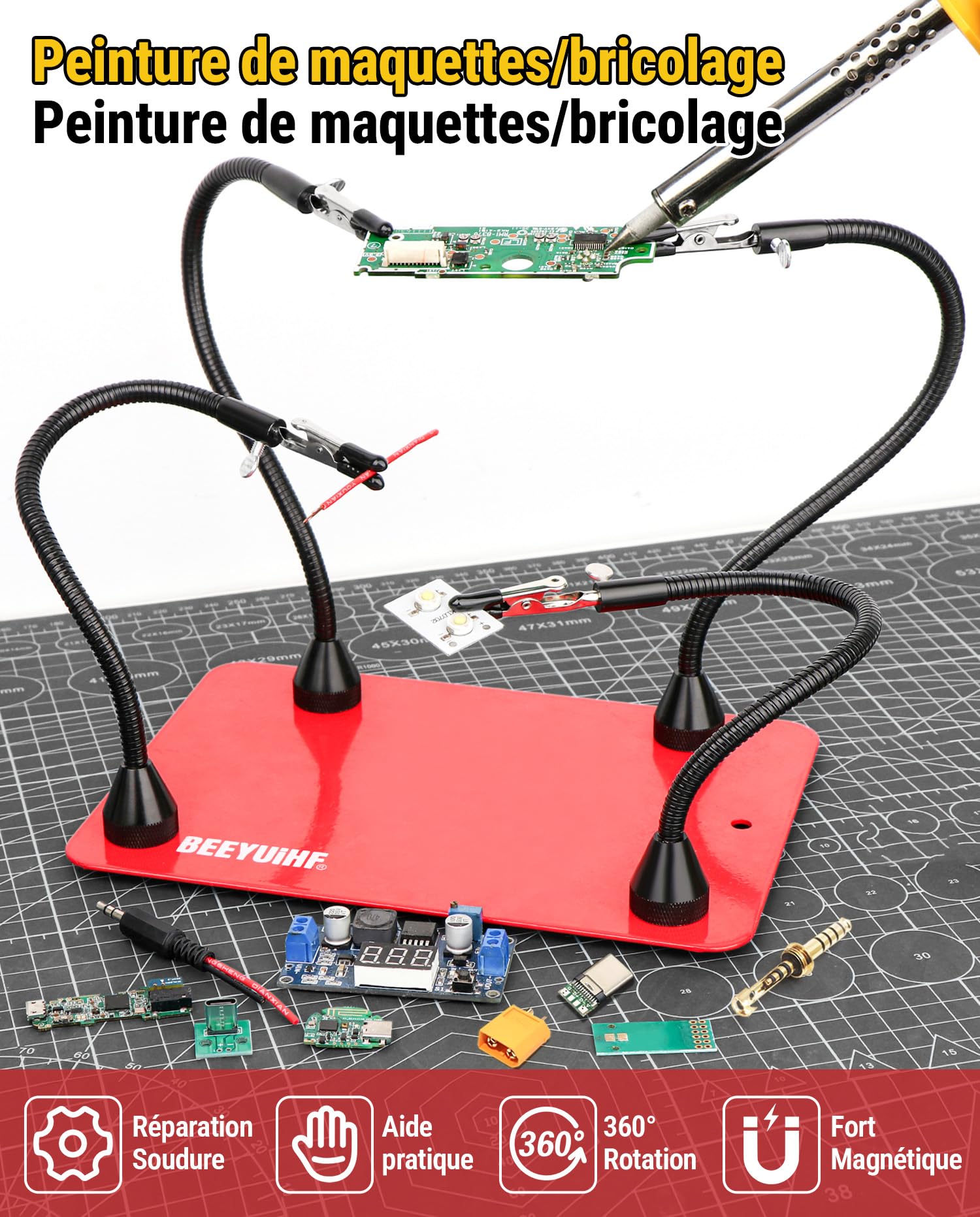 Troisieme Main pour Fer à souder avec 4 Bras Magnétique Flexibles Souder pour Réparation, Électronique, Modelisme, Créatifs, Bijoux, Atelier Hobby
