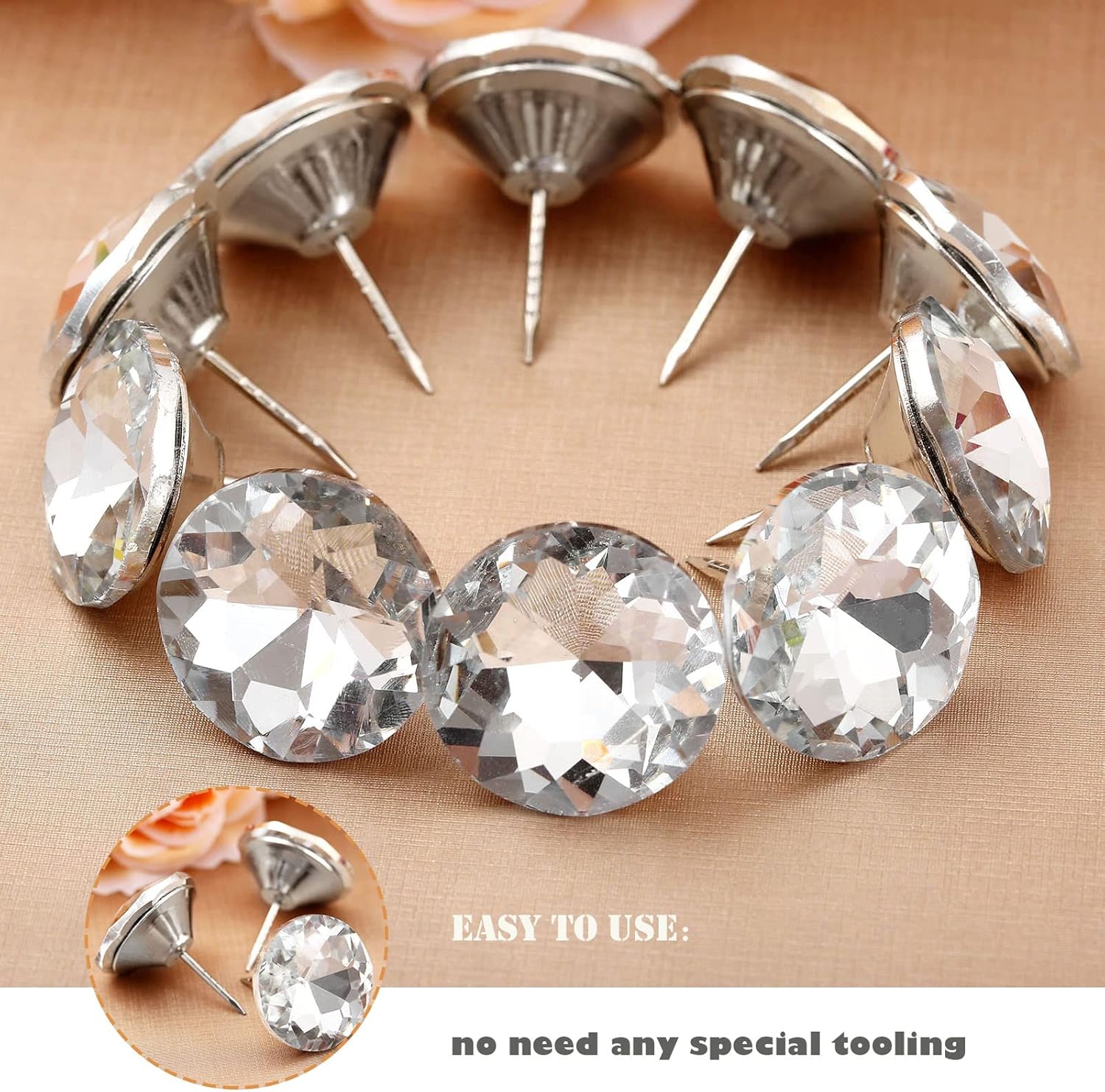 Mgoodoo 100PCS Diamond Upholstery Tacks, 30mm(1-3/16'') Crystal Furniture Nails Pins Studs for Tufted Bed Headboard Sofa Corkboard Home Decoration