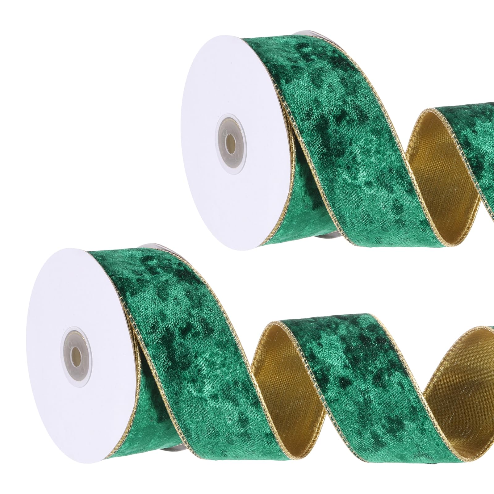 PATIKIL Velvet Wired Ribbon, (4cm x 9m, 2 Pcs)(Green) Velvety Gold Crushed Ribbons Gift Wrapping Binding, Suit for- Crafts/Bow/Wreaths/Christmas Tree Decoration