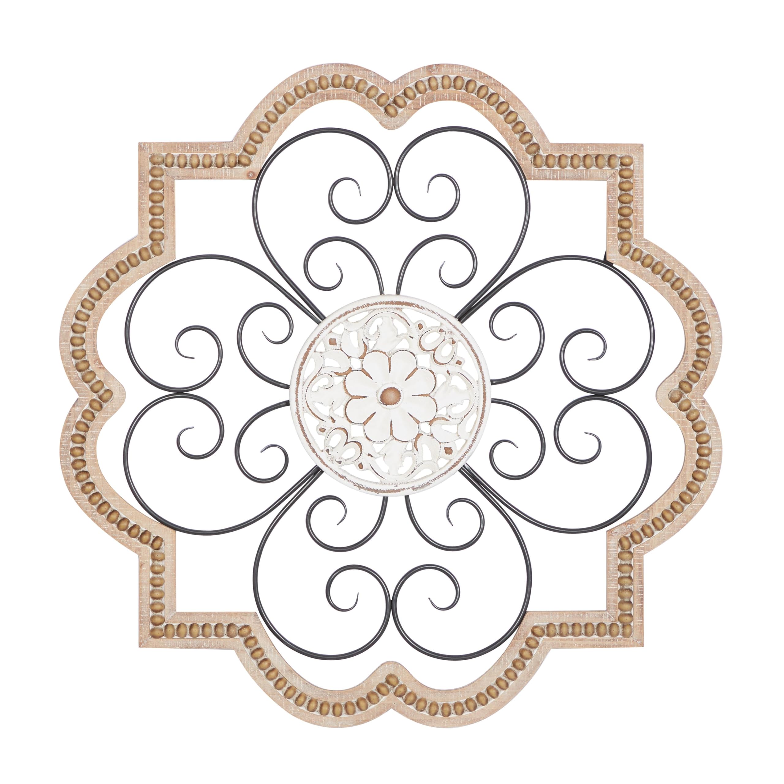 Deco 79 Wooden Scroll Home Wall Decor Carved Beading Wall Sculpture with Metal Accents, Wall Art 27" x 1" x 27", Brown