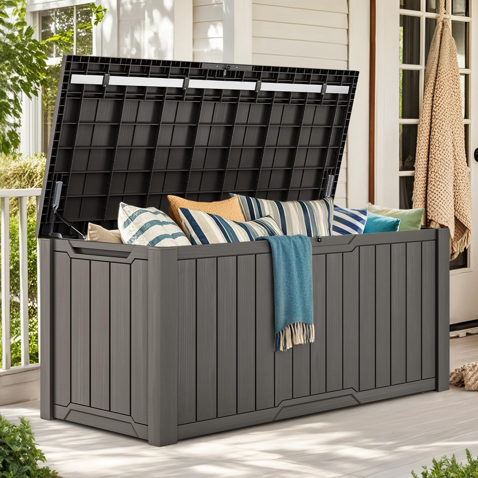 YITAHOME Outdoor Storage Box, 230 Gallon Waterproof Deck Box for Garden Tools, Patio Cushions, and Pool Accessories, Lockable, Easy Assembly, Versatile Bench or Table (Taupe)