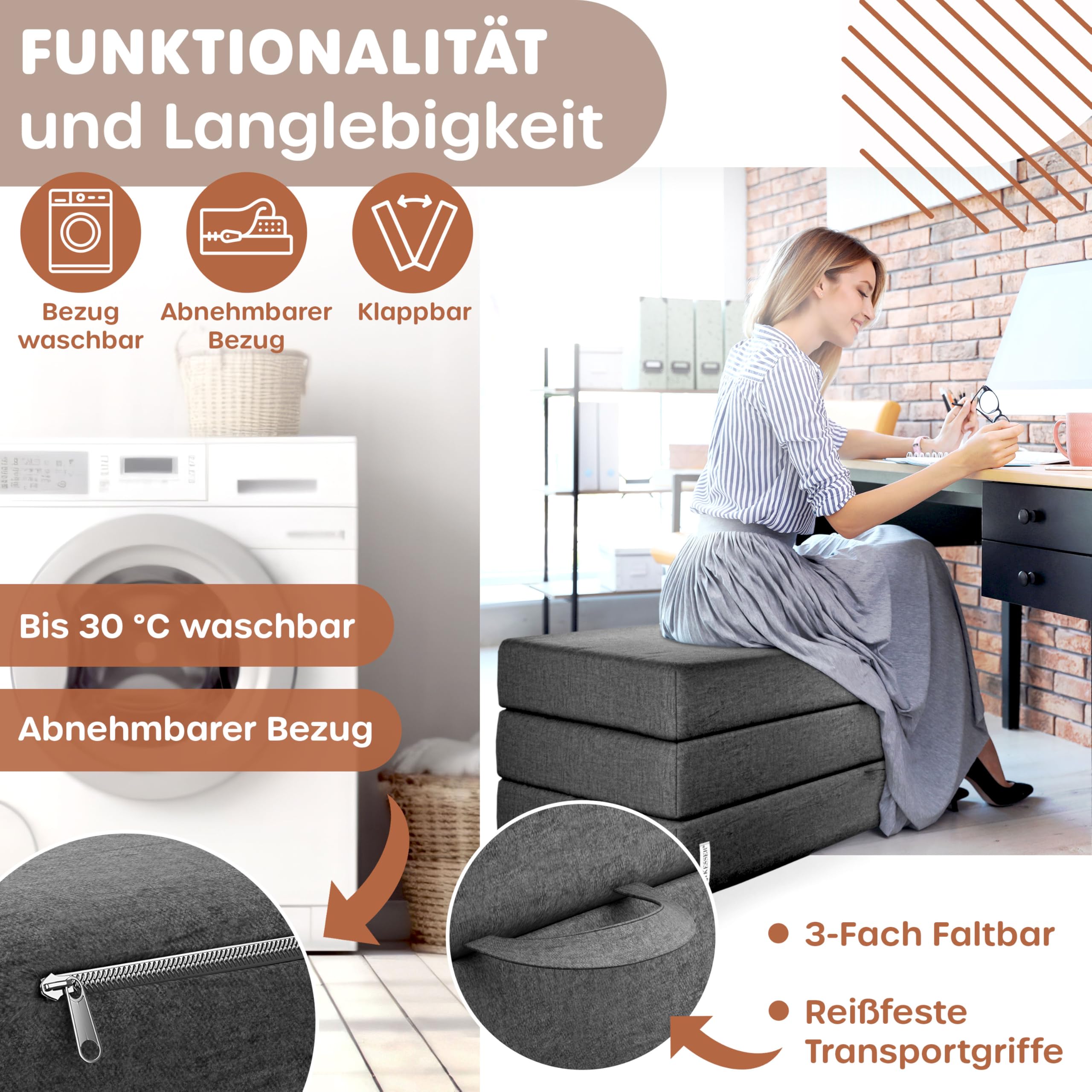 KESSER® Colchón plegable de 120 x 195 x 15 cm, colchón para invitados plegable en 3 partes para taburete, colchón de espuma de 25 kg/m³, extragrueso, 15 cm, transpirable, lavable, funda extraíble