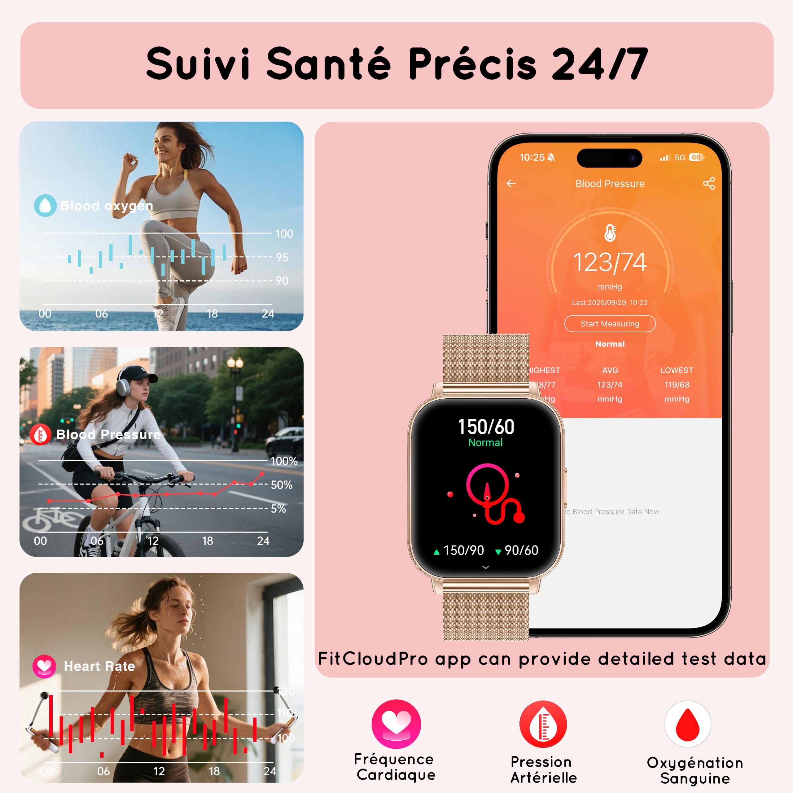 Montre Connectée Femme avec 3 Bracelets 30+ Jour Ultra 1,85" HD Fitness Smartwatch avec Appel Bluetooth/Fréquence Cardiaque/SpO2/Sommeil, 120+ Modes Sportifs,1000mAh pour iOS Android, Or Rose