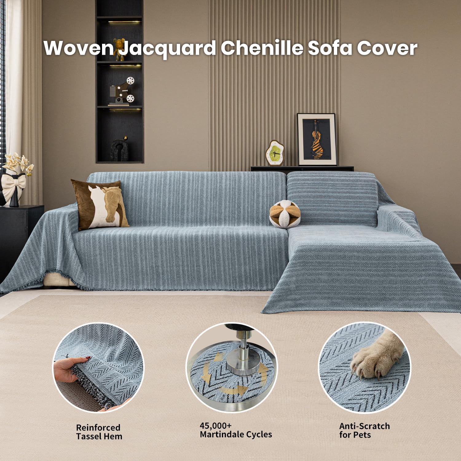 Nobildonna Chenille Couch Cover for Sofa Cover Washable Pet Scratch Couch Covers Tassel Sofa Slipcover for 2 Cushion Couch,Furniture Protector Blanket for Living Room,Dusty Blue 71"x118"
