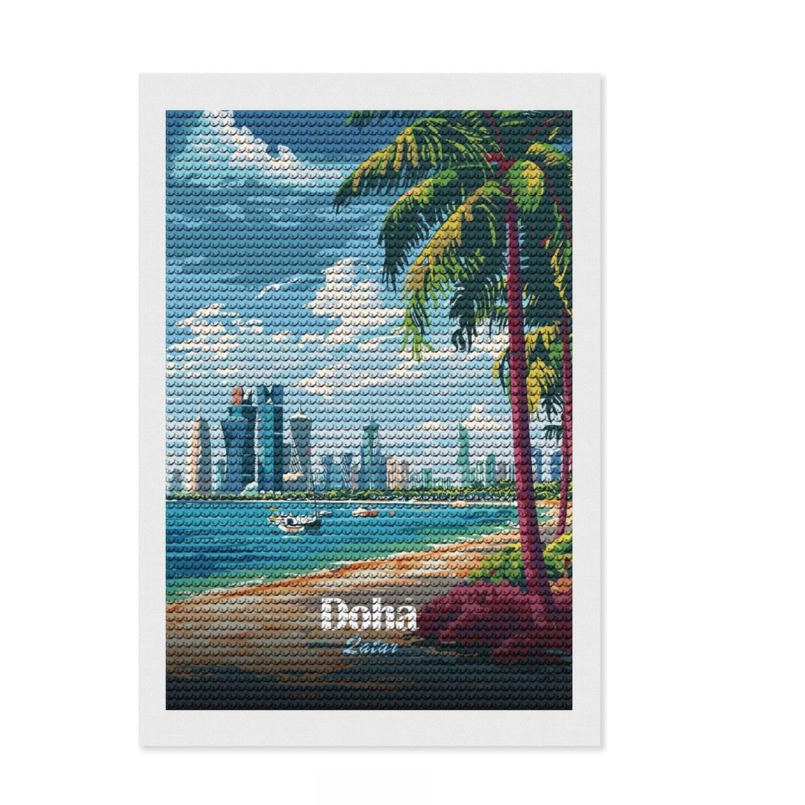 Junmoney Doha, Qatar Beach and Skyline Diamond Style Art Kit 8"x12", Boho Decor, Gift Idea, Farmhouse Decor, Winter Craft, Artistic Hobby