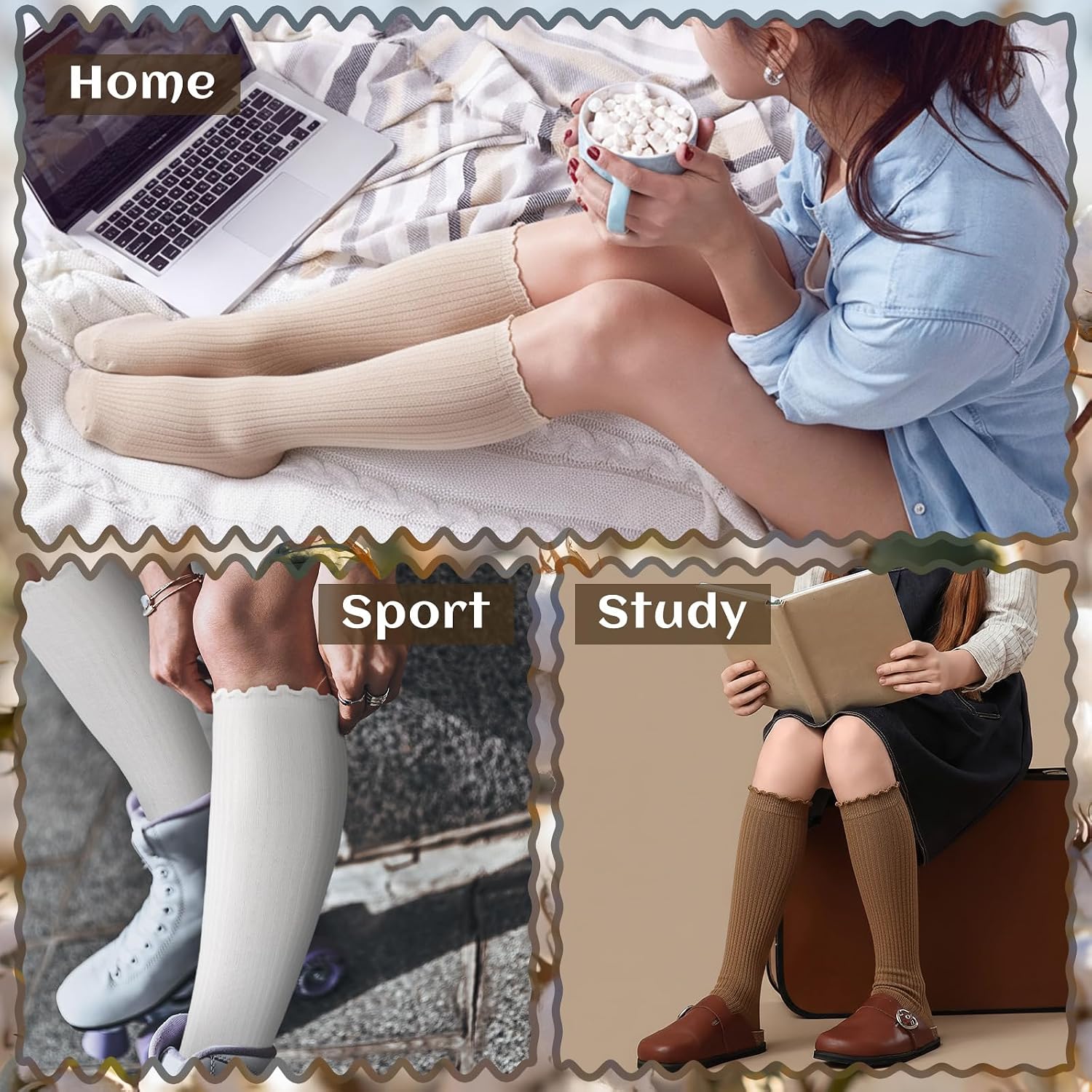 6 Pairs Women Ruffle Knee High Socks Turn Cuff Knit Breathable Cute Frilly Breathable Socks