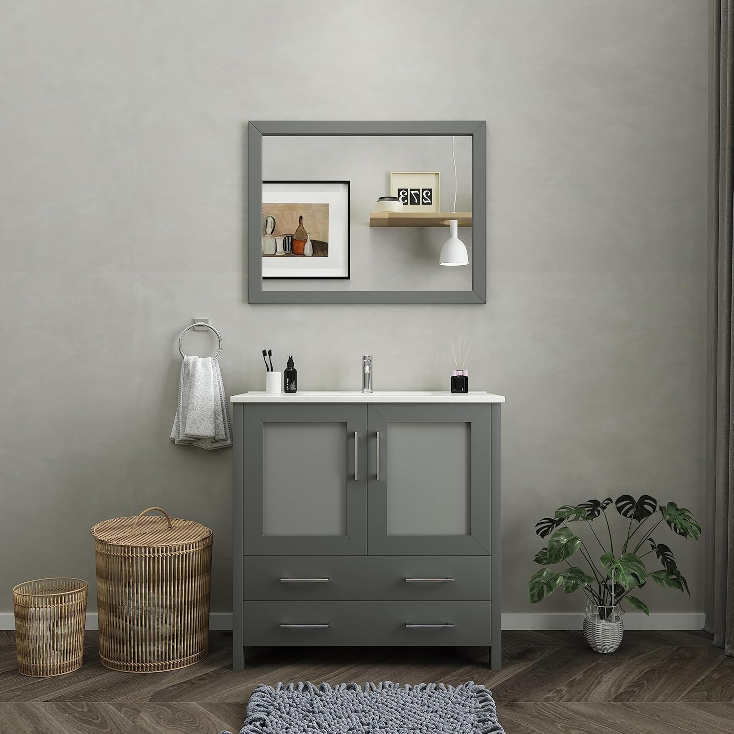 Vanity Art 36 Inch Under Mount Single Sink Bathroom Vanity Cabinet with 1 Mirror, Ceramic Top Bathroom Cabinet Compact Set with 2 Dovetail Storage Drawers and Brushed Nickel Handles, VA3036-G