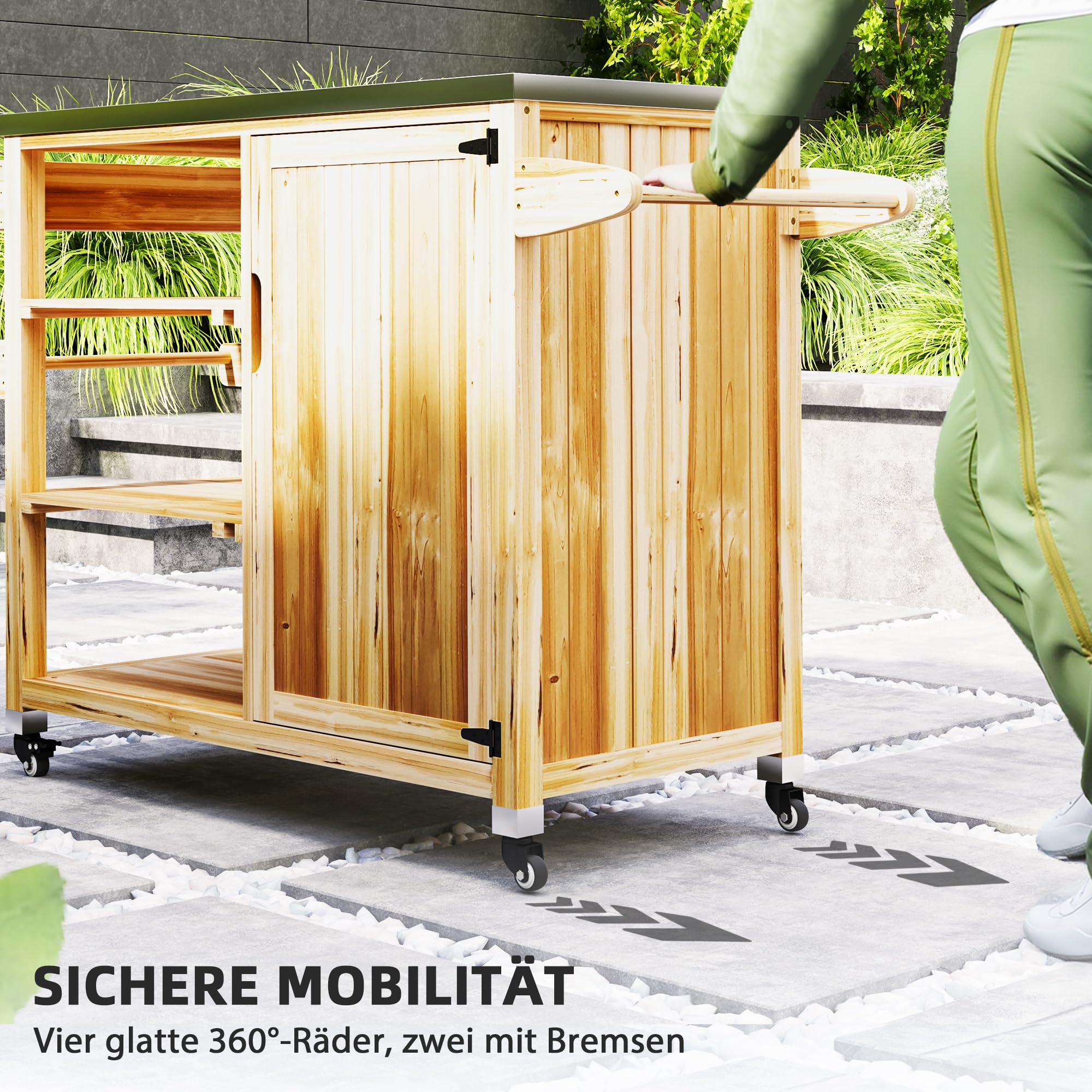 Outsunny Grillwagen 6-Etagen Servierwagen mit Arbeitsfläche Handtuchregal, BBQ Grilltisch aus Holz, Grill Beistelltisch, Outdoor Trolley, Holzkohlegrill für Garten, Terrasse 134,5x50x91,5cm Naturholz
