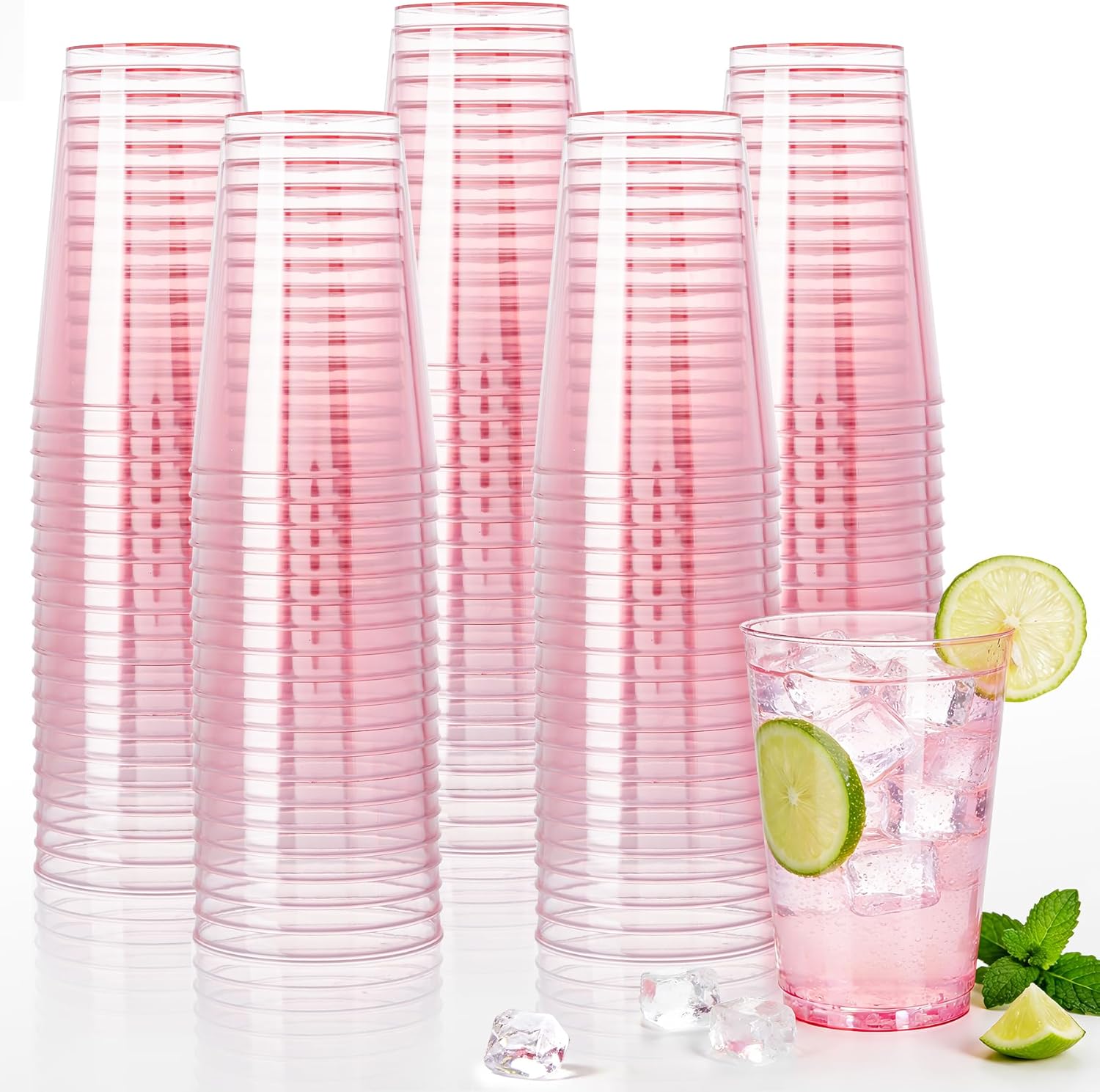 200 Pack Pink Plastic Cups, 12 oz Clear Plastic Disposable Cups, Big Size Fancy Party Cups for Party, Wedding, Reception