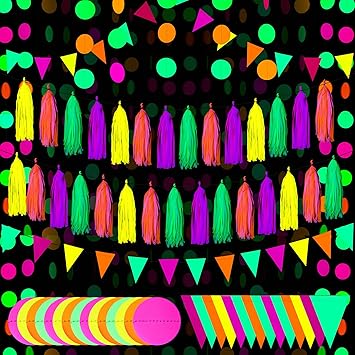 88 Pcs Glow Neon Party Supplies Including Neon Paper Garland 20 Pieces Paper Tassels Garland and Triangle Flags Bunting for Birthday Wedding Black Light Reactive Glow Party Decorations
