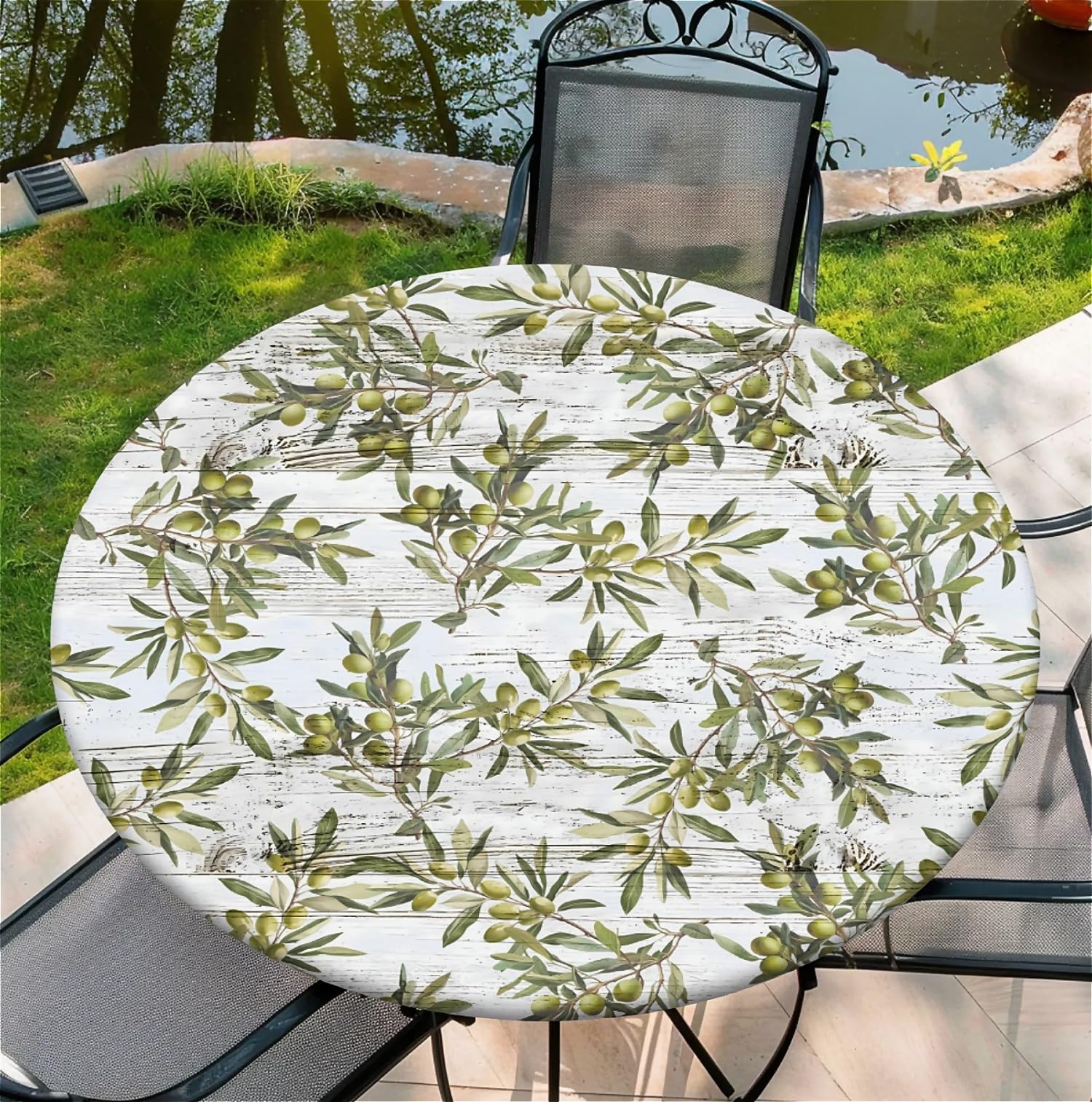 artslion Round Tablecloth Φ90cm/36in Wipe Clean Table Cloths with Elastic, Water-repellent Durable Scratch Resistant Table Cover Protector for Dining room, Balcony, Garden-Olive Leaf Pattern — image 1