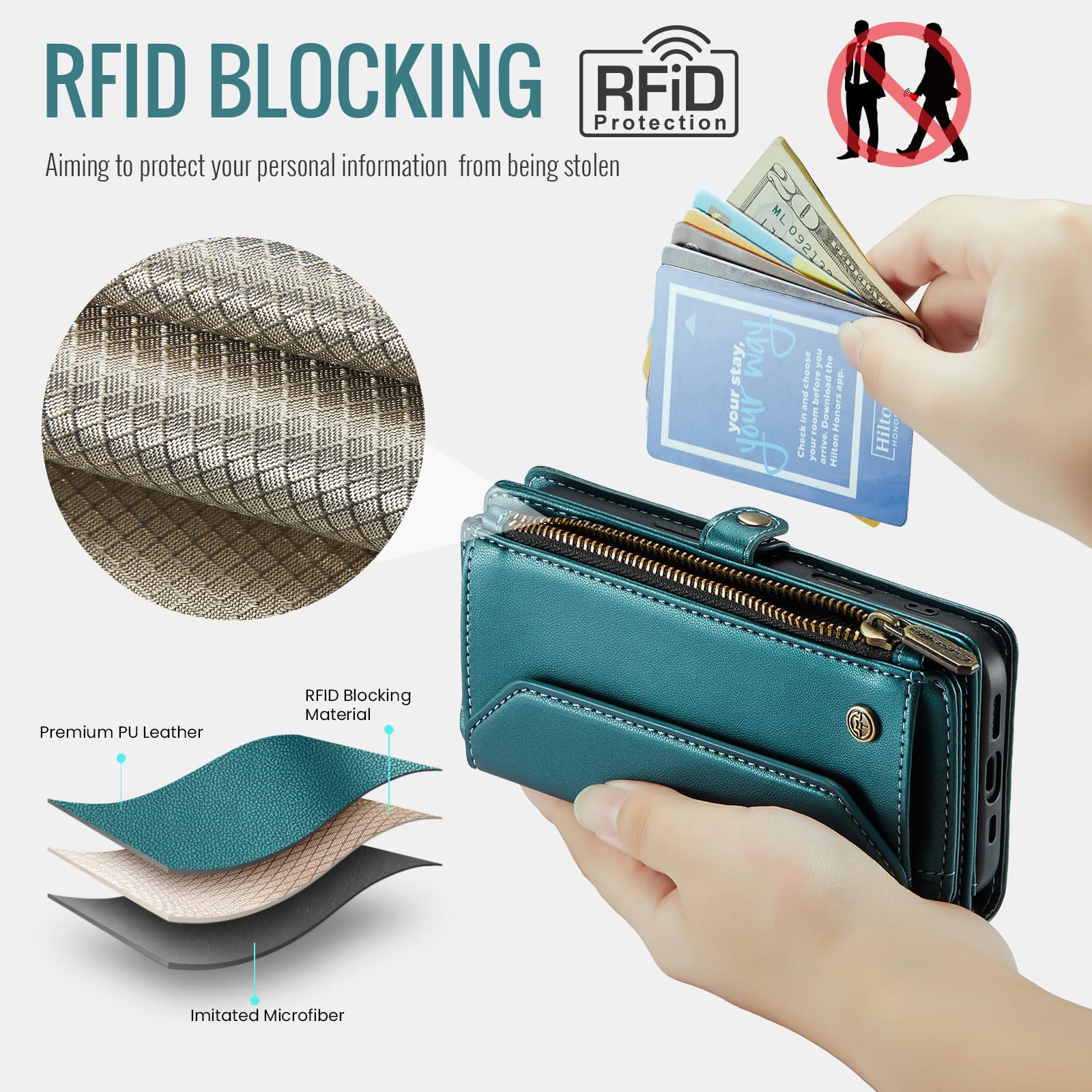 Etui portfelowe na iPhone'a 17 Pro, z 7 przegródkami na karty, blokujące RFID, magnetyczne zamknięcie, kieszeń na rachunki gotówkowe, wysokiej jakości skóra PU, z paskiem na nadgarstek
