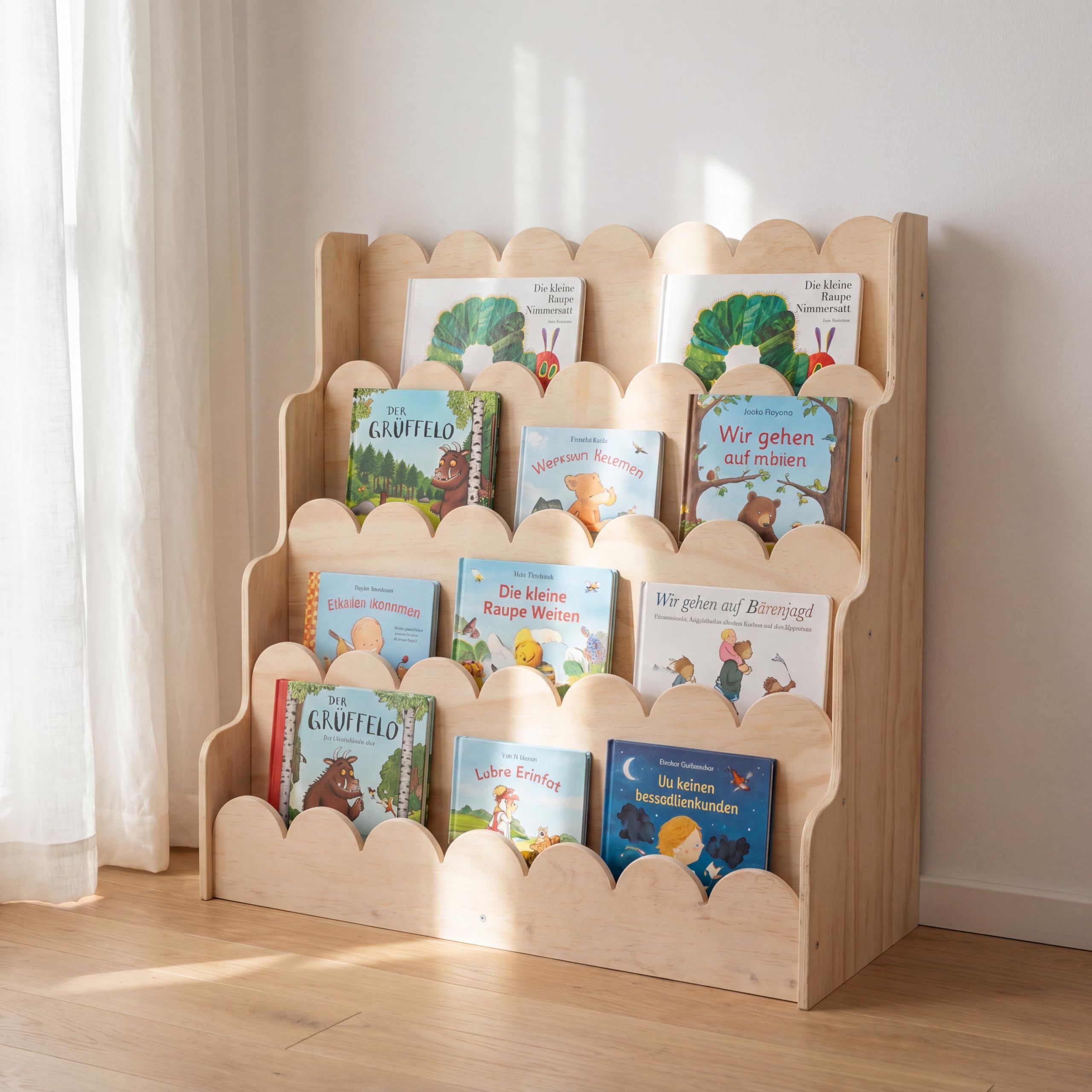 Kinderbuchregal aus Holz mit Wellenkanten, Frontal-Bücherregal mit 5 Ebenen