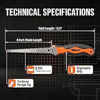Vista 7 de Mutt Tools - Sierra profesional para paneles de yeso de 6 pulgadas con mango ergonómico, sierra Jab para corte de chapa - Sierra de ojo de cerradura